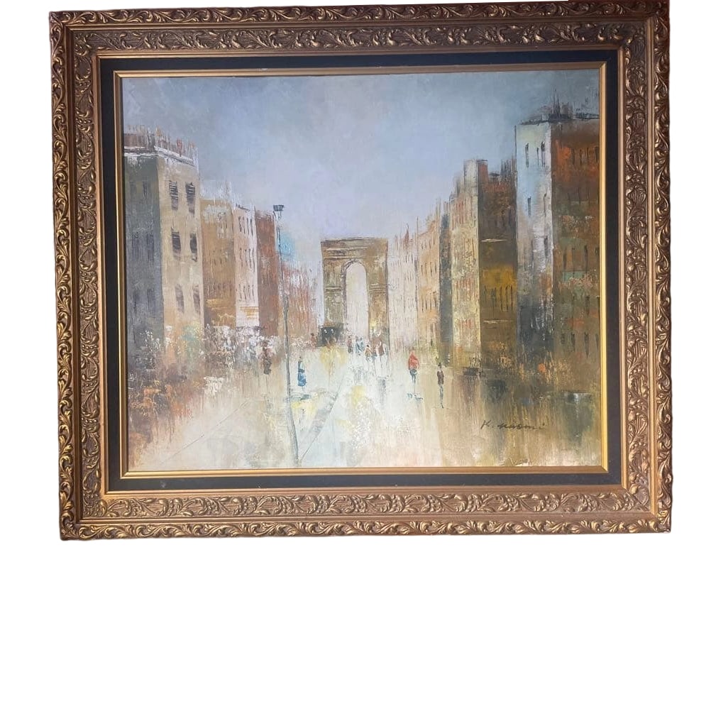 K. Naomi "Shosai Fumei no Kaiga" Oil Painting: Title Painting, Oil on Canvas, Old, Large, Details Unknown, Approximately 90cm Width x 76cm Height, K. Naomi Description This is a painting with unknown details. Glass not included. K. Naomi Due to it