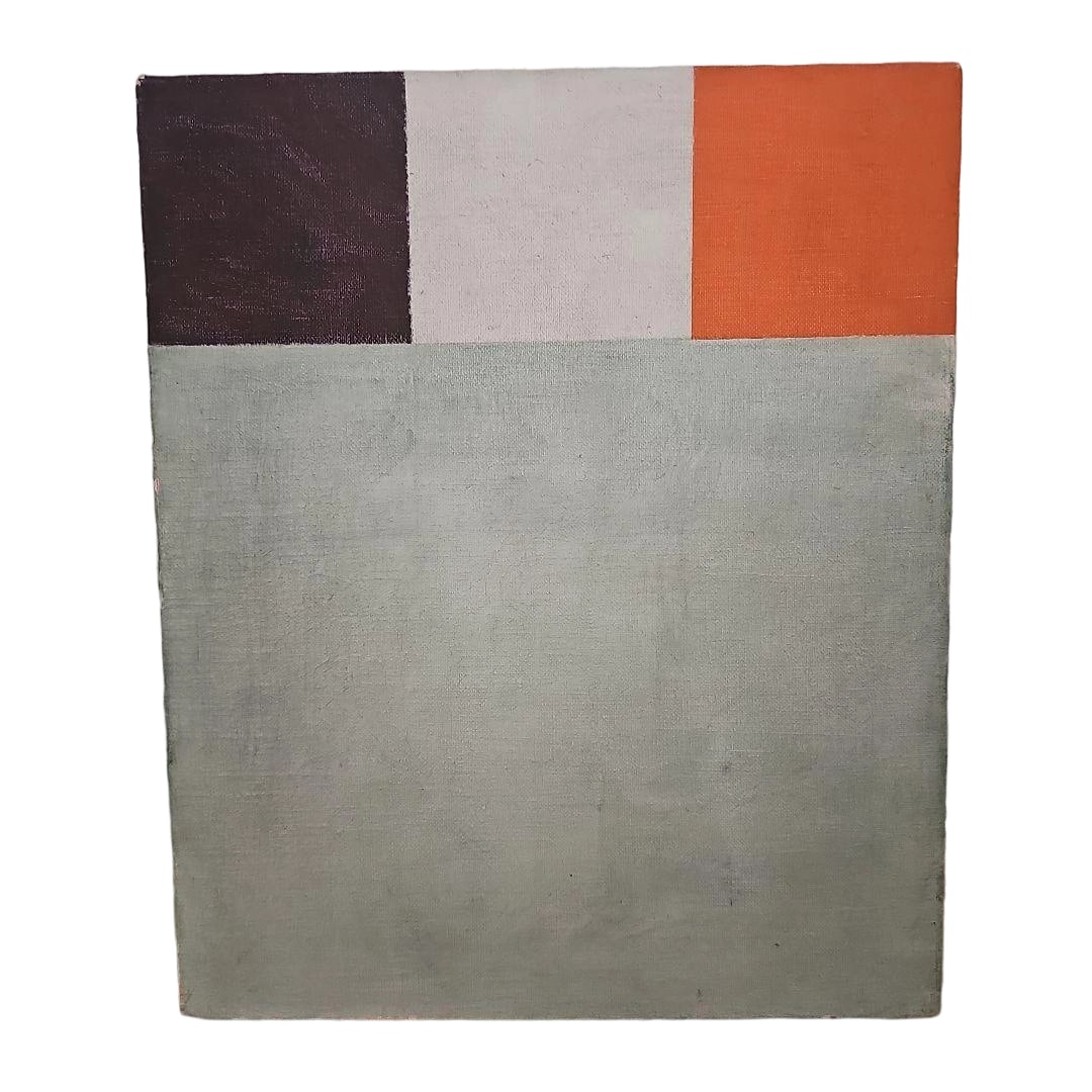Kazuharu Hanada "Apron" Oil Painting, Size F8: Title Hanada Kazuji Oil Painting "Apron" Canvas, Showa 50 (1975), Size F8 Description This is a work by the abstract painter Hanada Kazuji (1945C2017). The painting is based on a canvas with a heavy t