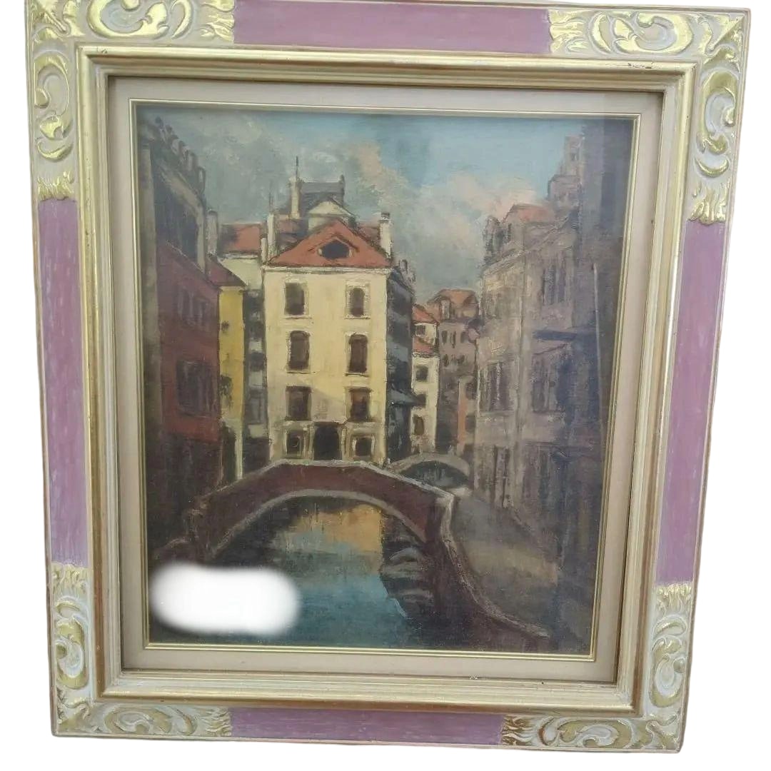 Street Scene with Canal, Oil Painting: Title: Oil Painting - Landscape of a Canal with Frame - Interior Decoration with Bonus Description: This is an oil painting depicting a street scene along a canal, rendered with heavy brushstrokes usi