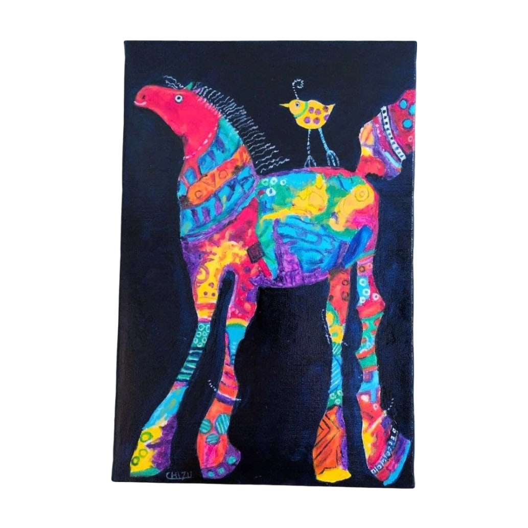 Mimi-sama's Exclusive "Bird Riding a Beloved Horse" Oil Painting: Title Oil on Canvas: "Dedicated to 'Mimi' - Bird Riding on Beloved Horse" Large Canvas Description This bird is very fond of this horse. Because this horse is particularly colorful, it never gets angr