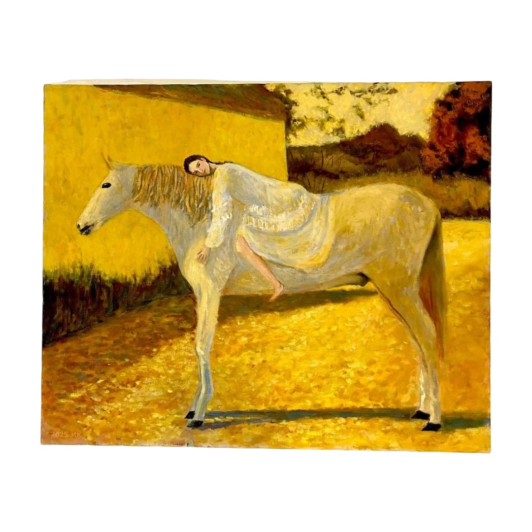Oil Painting "White Horse and Woman" F25: Title "Shiroi Uma to Josei" F25 Oil on Canvas Painting Art Description A unique, original handmade work "Shiroi Uma to Josei" (White Horse and Woman) Depicts a scene of a woman nestled beside a white 