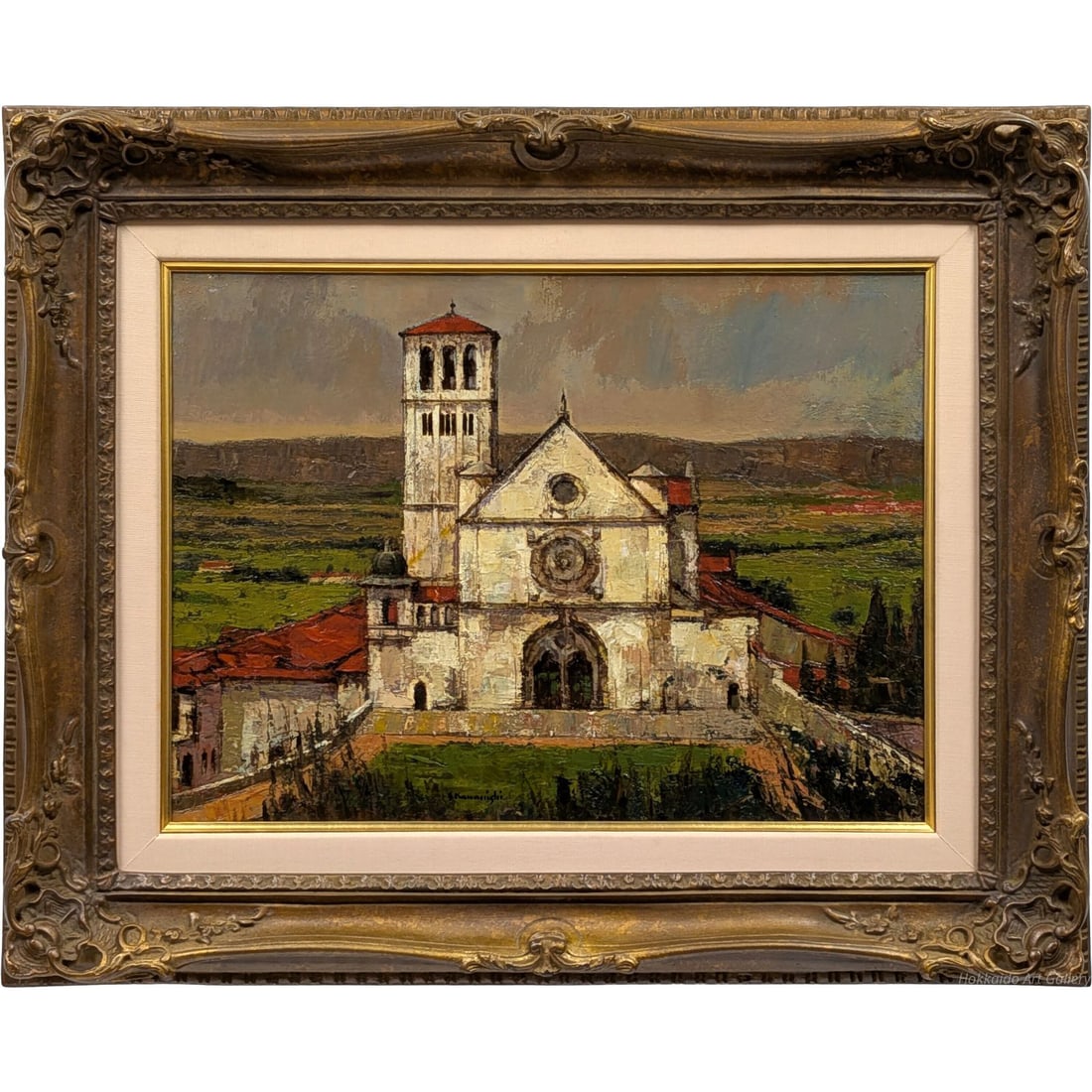 Kawanishi Shoji "Byakuaku no Seido" Oil Painting, Size P8: Title: KAWANISHI Shoji "White Gothic Cathedral" Oil Painting Description: The painting depicts a white Gothic-style cathedral standing on the slope of a hill, with powerful brushstrokes that evoke the