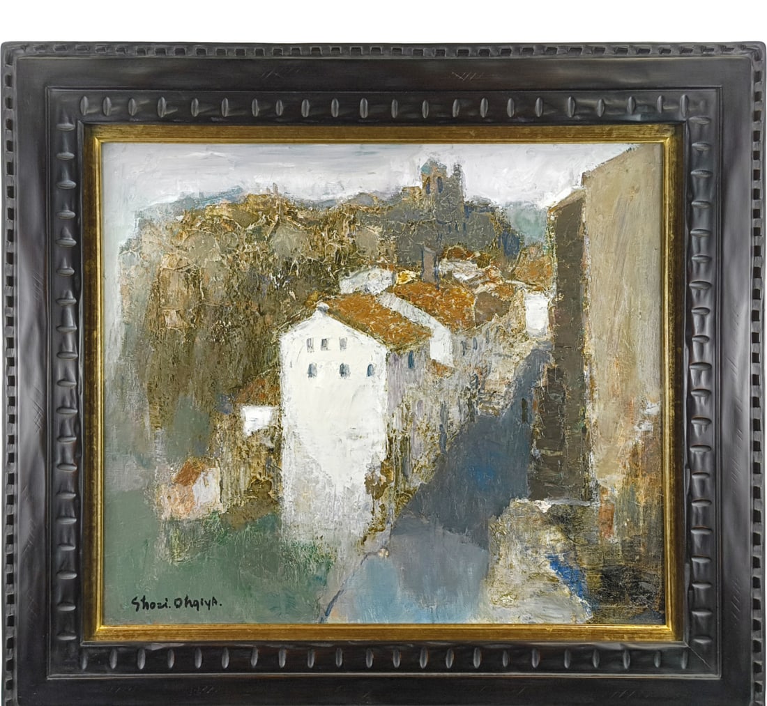 Ogiya Shoji "Chiisana Mura" Oil Painting, Size F10.: Title OGIYA Shoji "Small Village" Oil Painting Description The continuous white houses on the cliff and the thick texture of the painting powerfully depict the mysterious exotic landscape. Scenery of 