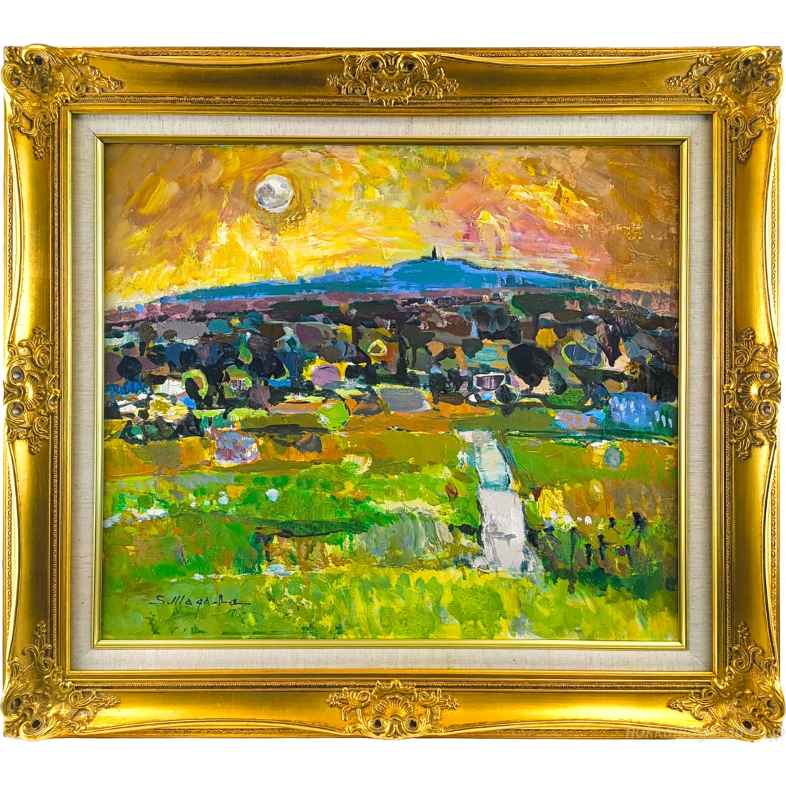 Magara Shuichi, "Shiroi Michi" (White Road), Oil Painting, Size F10.: Title: MAGARA Shuichi "White Road" Oil Painting Description: The golden sky and vibrant green form the composition, with heavy brushstrokes depicting the landscape extending from the white road. Techn