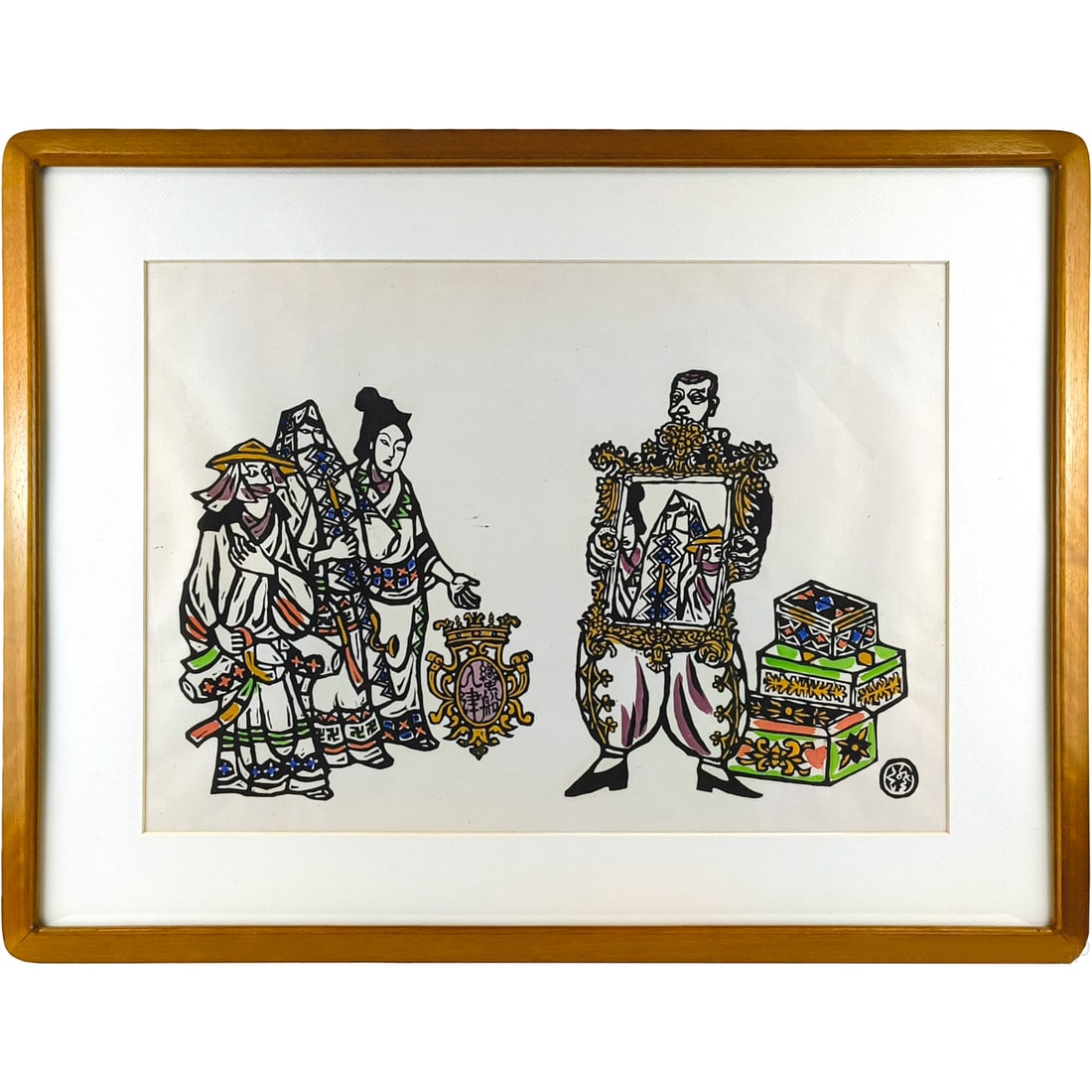 Kawakami Sumio "Bansen Nyushin - Kagami" Woodblock Print: Title Kawakami Sumio "Barbarian Ship Arriving at Port, Mirror" Woodblock Print Painting Description This scene depicts people admiring exotic goods brought by the Nanban ships. The printmaker, who onc
