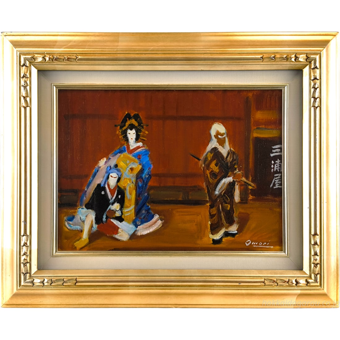 mori Keisuke "Miuraya Koshi-saki (Sukeroku)" Oil Painting, F4 Size: Title: OMORI Keisuke "Miuraya Koshi-saki (Sukeroku)" Oil Painting Description: The vibrant stage of the Kabuki play "Sukeroku Yuen Edo Zakura" is depicted by the artist known for multiple Kabuki paint
