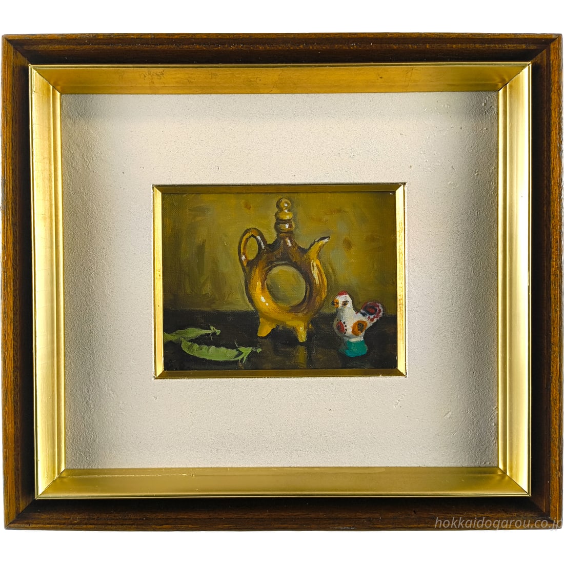 tsuki Genji "Ukunaina no Bin" Oil Painting, F0 Size: Title OTSUKI Genji "Ukunaina no Bin" Oil Painting Description A still life painting centered around a mysterious water jug, the artist gazes serenely at life. Created in 1962, signed G.O at the lower 