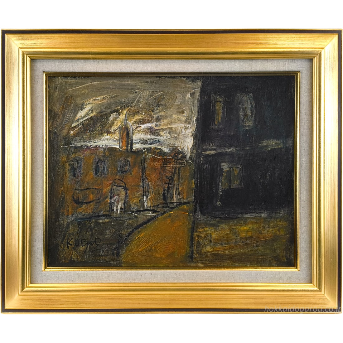 Ueno Jino "Kumo Hashiru (Shirakusa)" Oil Painting, Size F6: Title: UENO Kimio "Clouds Run (Syracuse)" Oil Painting Description: The sky, depicted with bold brushstrokes, conveys the dynamic movement of the wind, while the substantial architecture and path of l