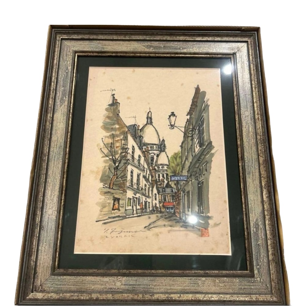 Fujimori Yuji, "European Street Corner Scene," watercolor painting.: Title Authentic Work by Fujimori Yuji - Landscape Painting "Street Corner" - Watercolor - Framed - Signed Description This piece is "Street Corner Landscape of Montmartre" created by Fujimori Yuji.