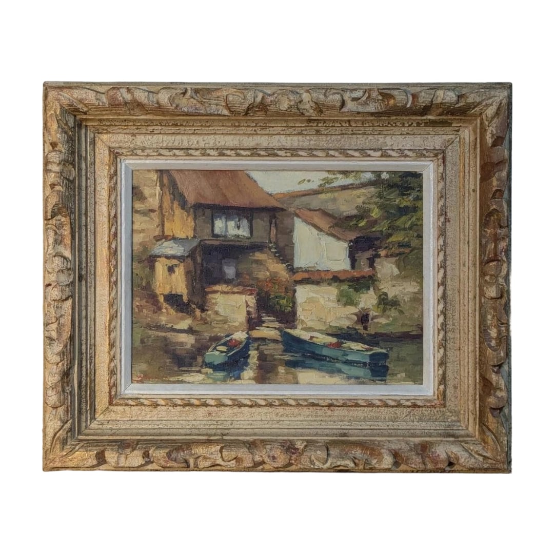 Oil painting "House and Small Boat Standing by the Waterside" F4 size: Title "Authentic" Painting, Oil on Canvas No. 4, House and Small Boat by the Waterside, European Landscape Painting, C34 Description Frame dimensions approximately 48x40 cm Artwork dimensions approxim