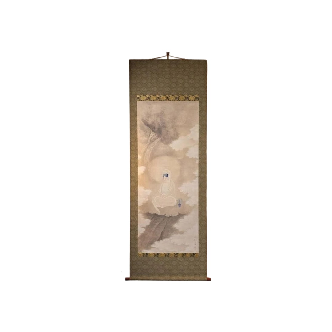 Hanging Scroll of Kannon Bosatsu (Bodhisattva of Compassion) "Buddhist Painting of Compassion: Title: Authentic Hanging Scroll "Kannon Bodhisattva Image" Compassionate Buddhist Painting in the Clouds Buddhist Art Buddha Painting Kannon Statue Y17 Description: Mounting dimensions (including roll