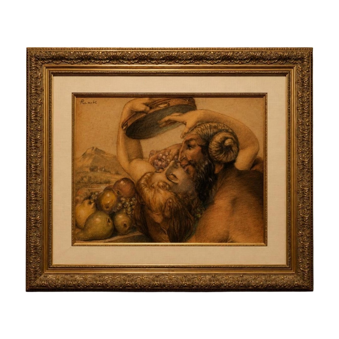 Rupiakku "Bakkasu" pastel painting: Title 1926 "The Kiss of the Satyr" by Lupiak Original Sealed on the Back Description Created in 1926, this pastel painting, approximately 100 years old, takes the Roman mythological god "Bacchus" as
