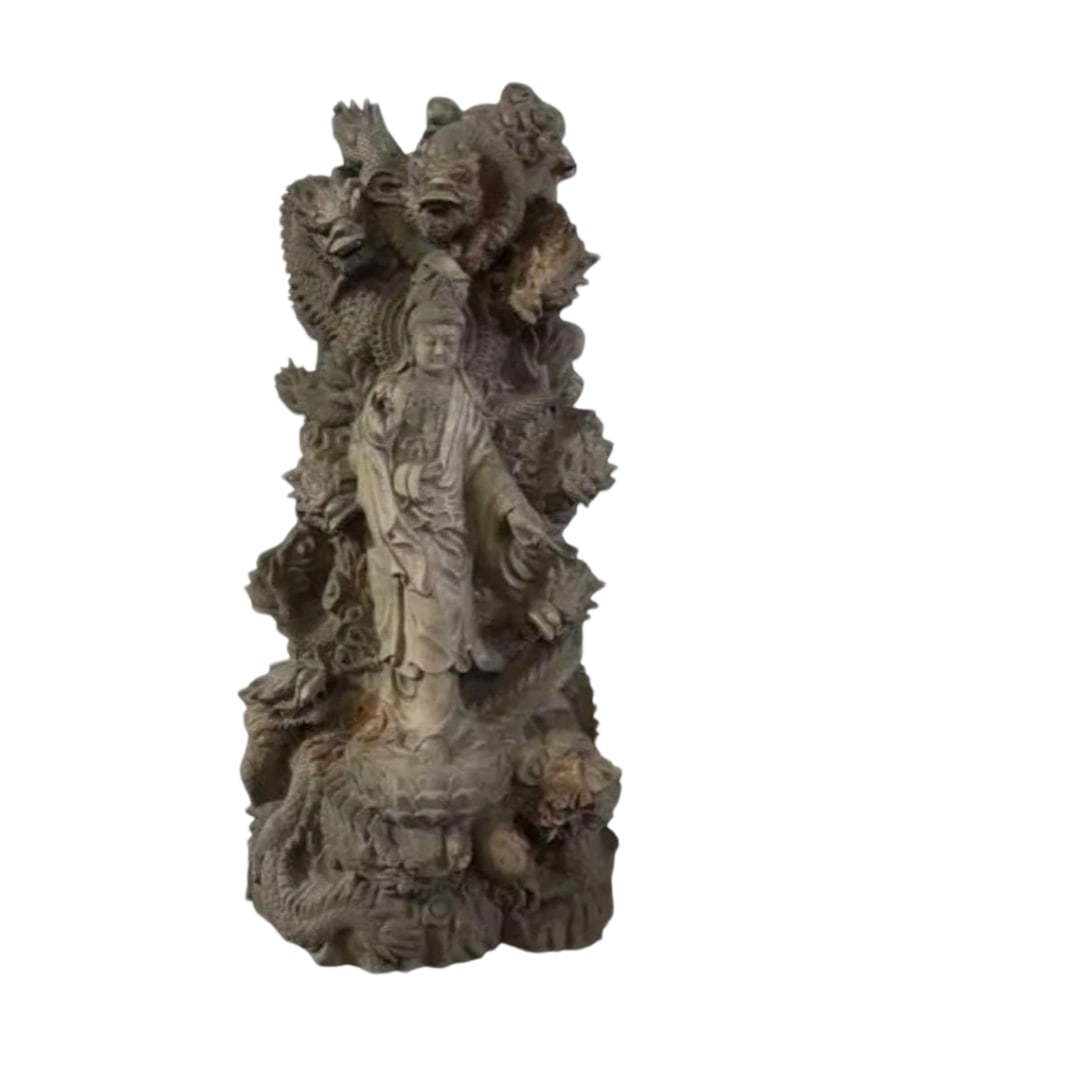 Large Buddhist Craftwork, Height 37cm, Made Entirely of Camphor Wood, Inami Carving, Single-knife: Title Large Buddhist Art Piece, Height 37cm, Made of Total Nanjin, Inami Carving, Single Knife Carving, Supreme Sculpture "Kuryu Kannon Bosatsu Standing Statue" Description Dimensions: Main body heigh