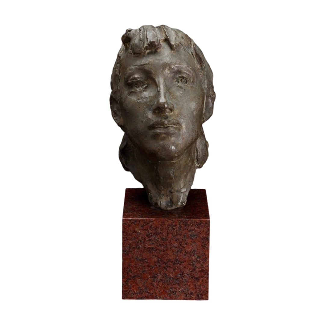 Mogi Hiroyuki "Bronze Bust of a Young Girl": Title: Bronze Bust of a Young Girl by Sculptor Hiroyuki Mogi, Dated 1969, Bronze Statue, Artwork, Bronze Figurine Description: A bronze sculpture of a young girl, a female bust, created by sculptor Hi