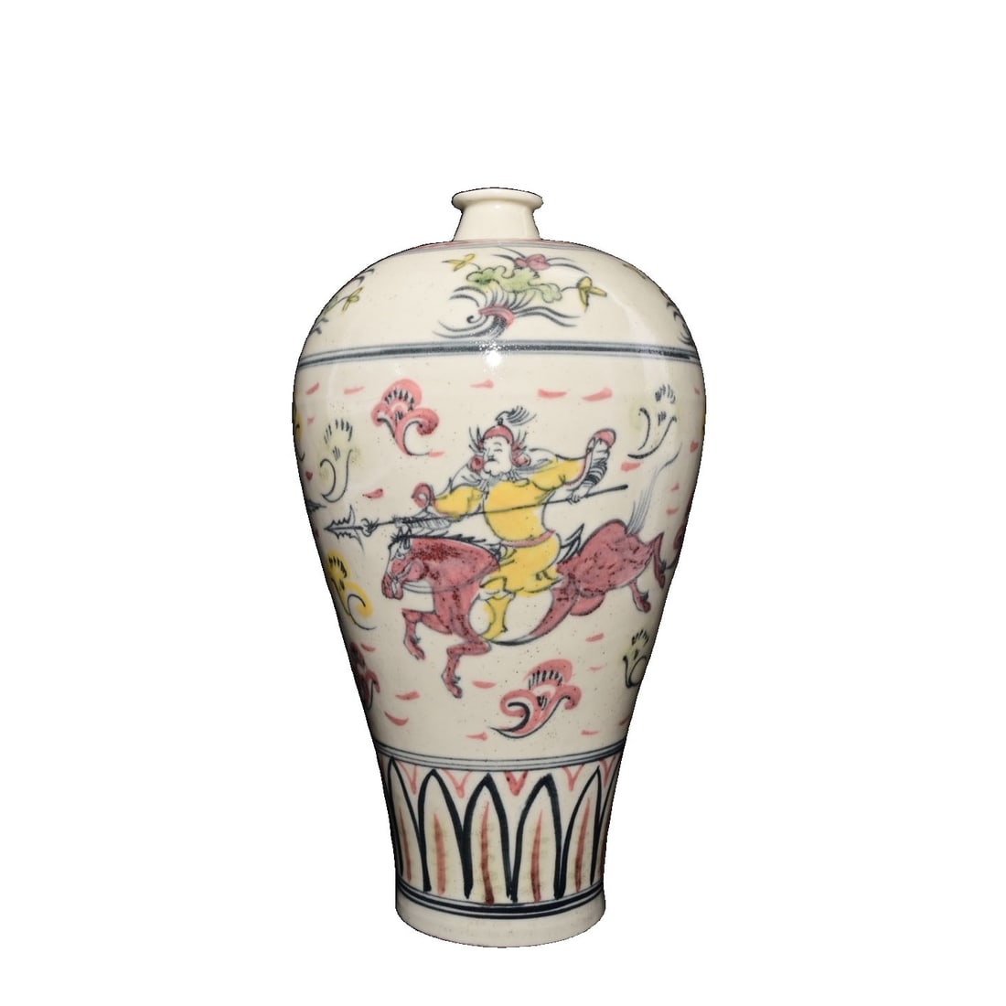 Han Dynasty Wucai Warrior Pattern Meiping: This meiping features a wucai warrior pattern, showcasing the exquisite and unique craftsmanship of the Han Dynasty. The elegant shape and vibrant colors offer significant collectible and aesthetic va