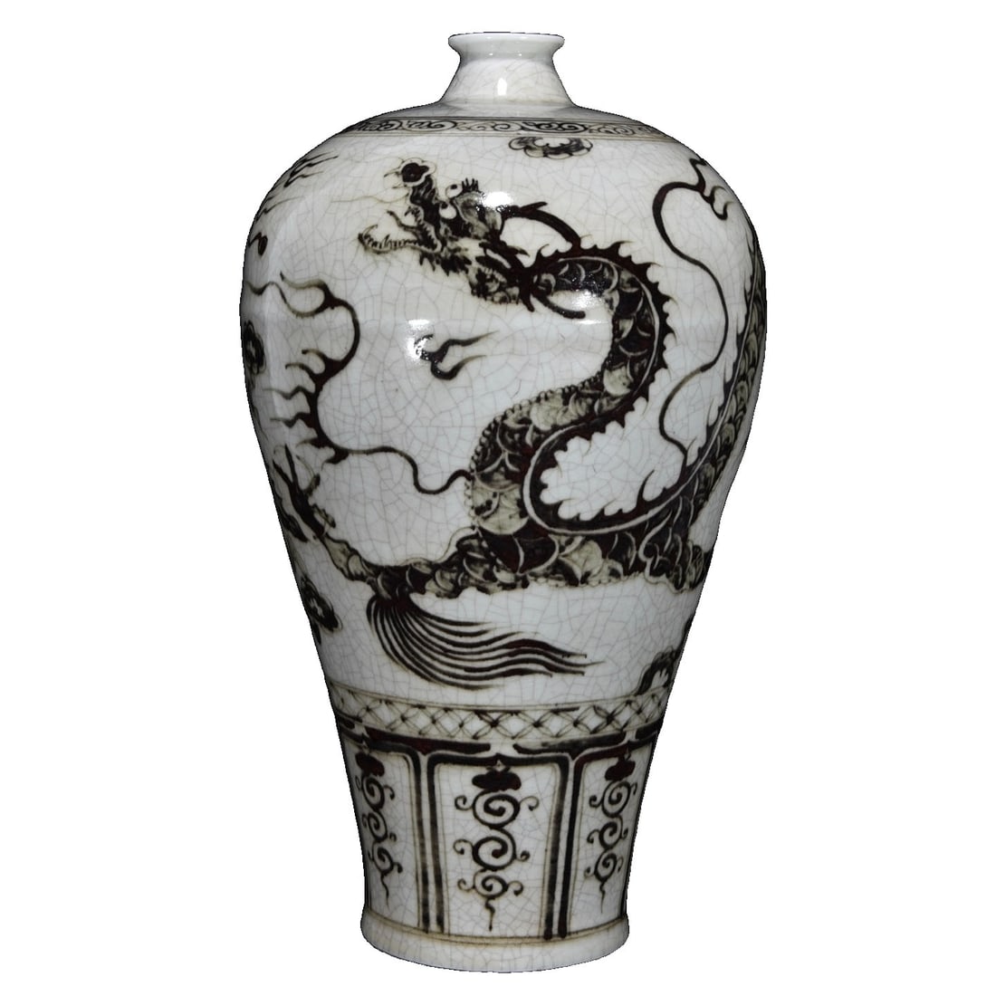 Yuan Dynasty Glazed Red Dragon Pattern Mei Vase: This Mei vase is exquisitely crafted using the glazed red technique, featuring vivid dragon patterns that reflect the unique charm and craftsmanship of Yuan Dynasty ceramics. The overall shape is eleg