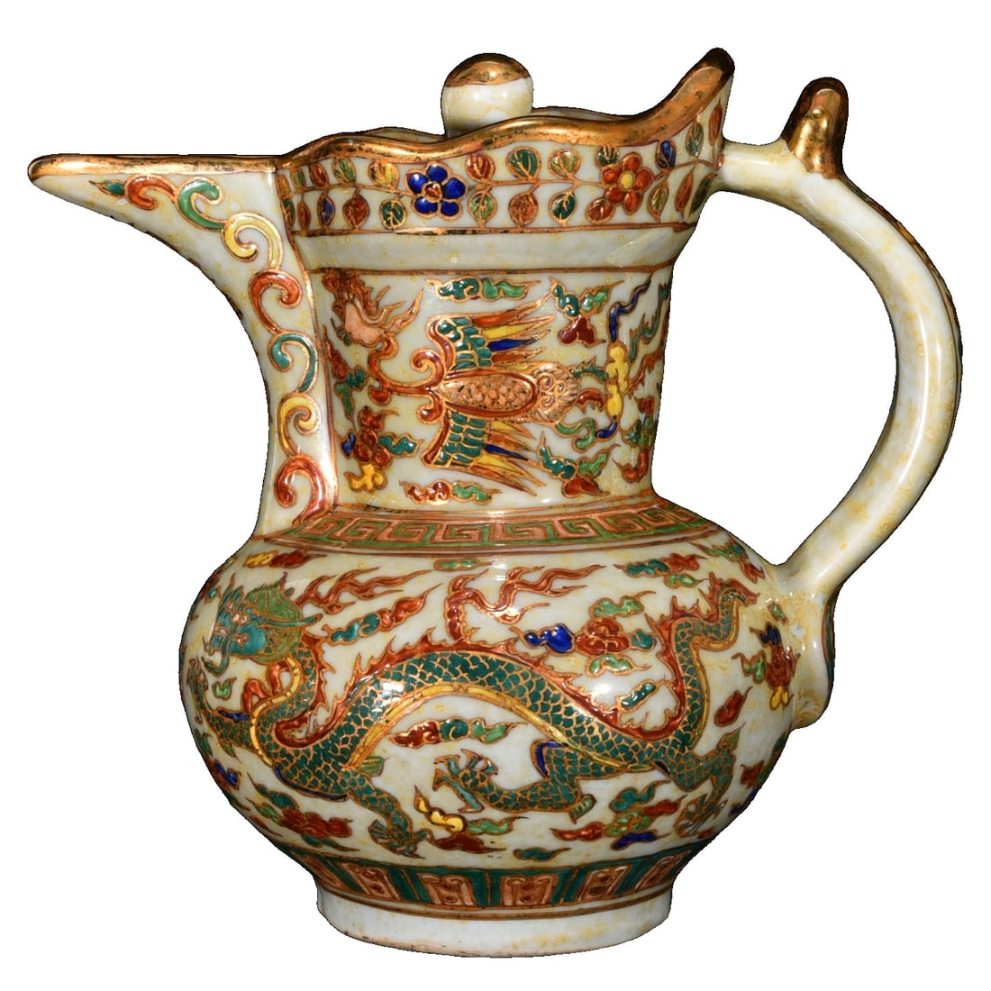 Ming Dynasty Xuande Wucai Gilded Dragon Pattern Monk Hat Pot: This Ming Dynasty Xuande Wucai gilded dragon pattern monk hat pot features a unique shape with vivid dragon motifs and vibrant colors, reflecting the craftsmanship and artistic style of the Xuande per