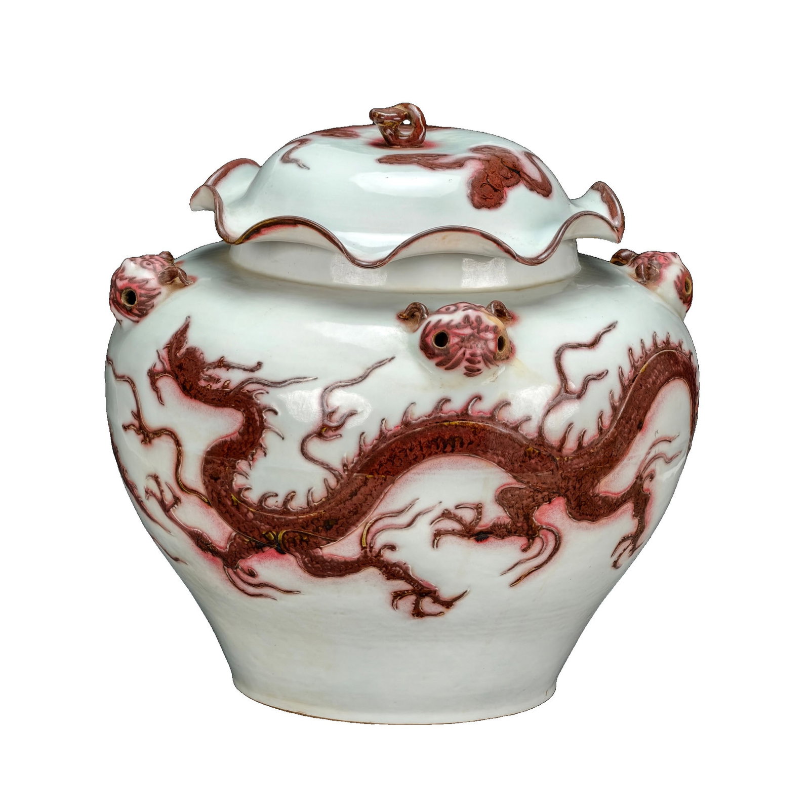 Zhizheng White Glaze Relief Red Dragon Pattern Lotus Leaf Jar: This lotus leaf jar is exquisitely crafted with a pearl white glaze base and relief red three-clawed dragon pattern, showcasing dynamic details and realistic scales. The glaze is evenly applied, with 