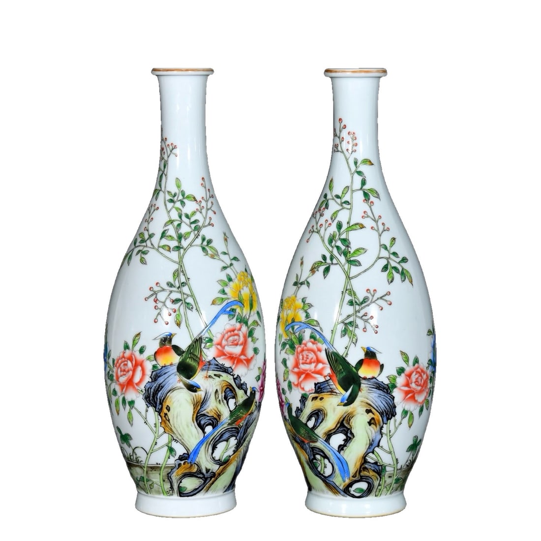 Qing Dynasty Cloisonne Enamel Floral and Bird Pattern Olive Bottles: This pair of cloisonne enamel floral and bird pattern olive bottles from the Qing Yongzheng period showcases exquisite craftsmanship and vibrant colors, reflecting the advanced porcelain-making techni