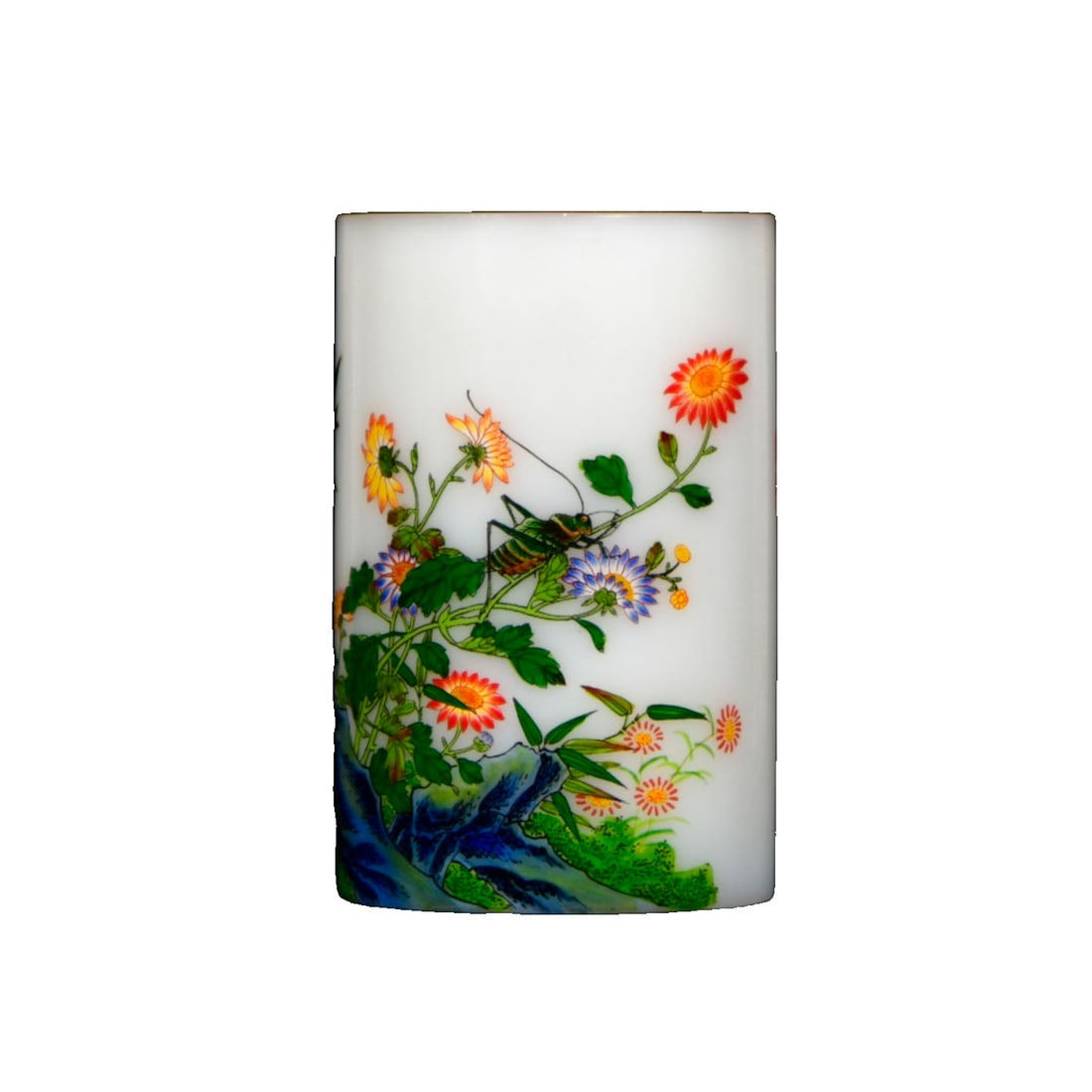 Qing Dynasty Cloisonne Enamel Insect Grass Pattern Glass Pen Holder: This pen holder is crafted in the Qing Dynasty Yongzheng period, featuring exquisite cloisonne enamel decoration with a vivid insect grass pattern, showcasing superb porcelain craftsmanship and artist