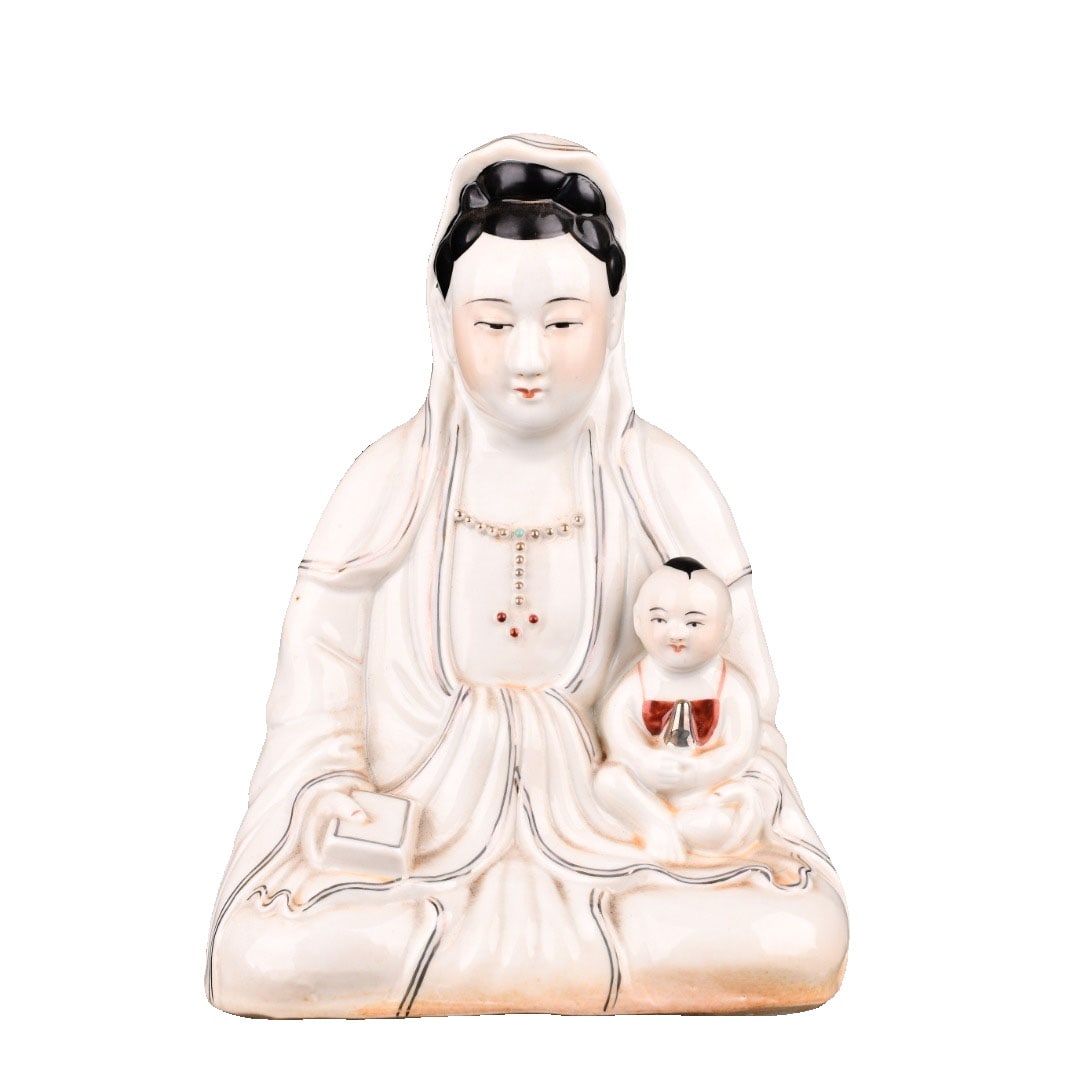 Republican Era White Glaze Gilded Statue of Guanyin Sending Off Children (1 of 10)