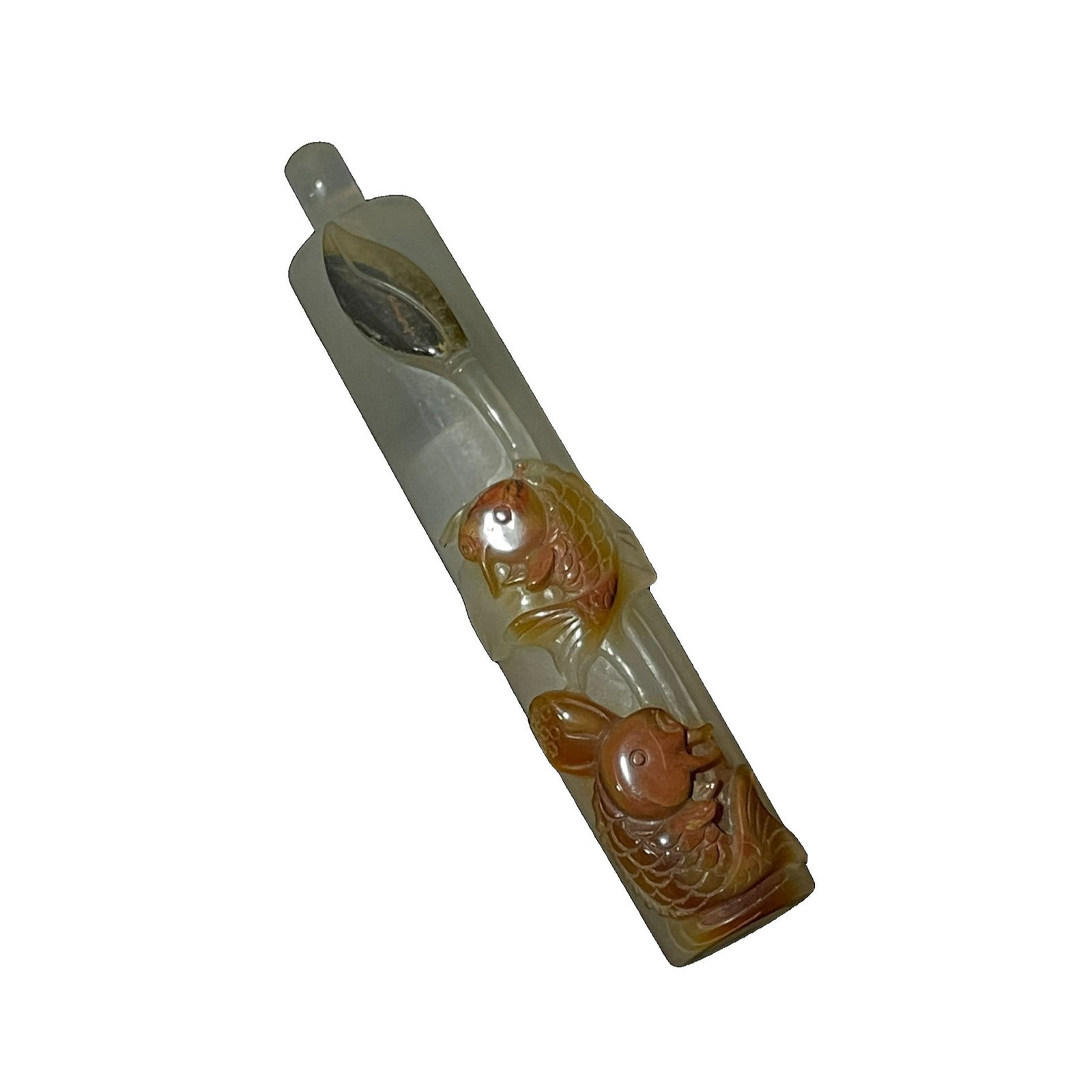 Old Agate Carved Fish and Lotus Pendant (1 of 10)