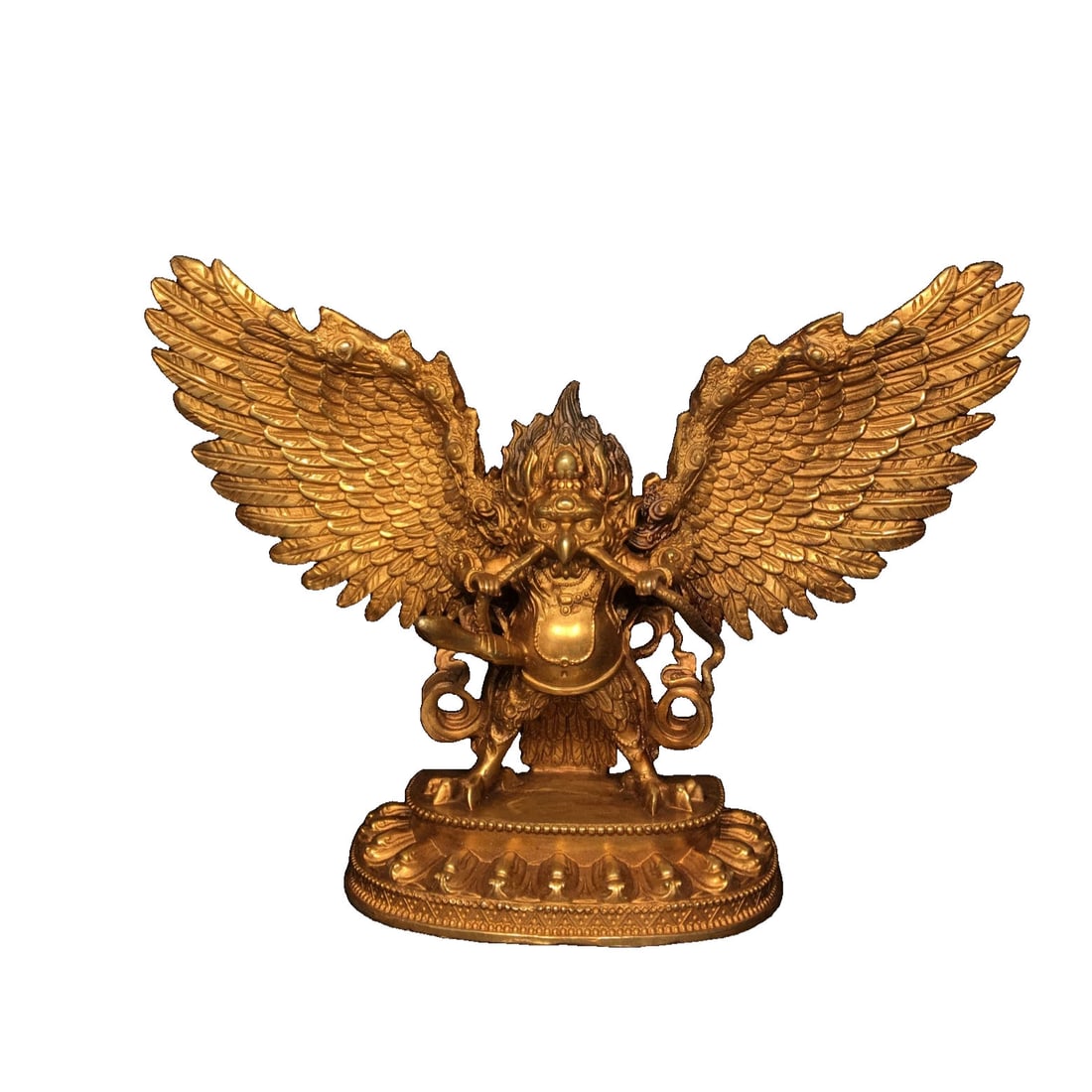 Gilt Bronze Garuda Statue: This gilt bronze Garuda statue features exquisite craftsmanship and a unique shape, with a rich patina that showcases its high artistic value and collectible potential. (Height 18.5cm, Width 27cm, Thi