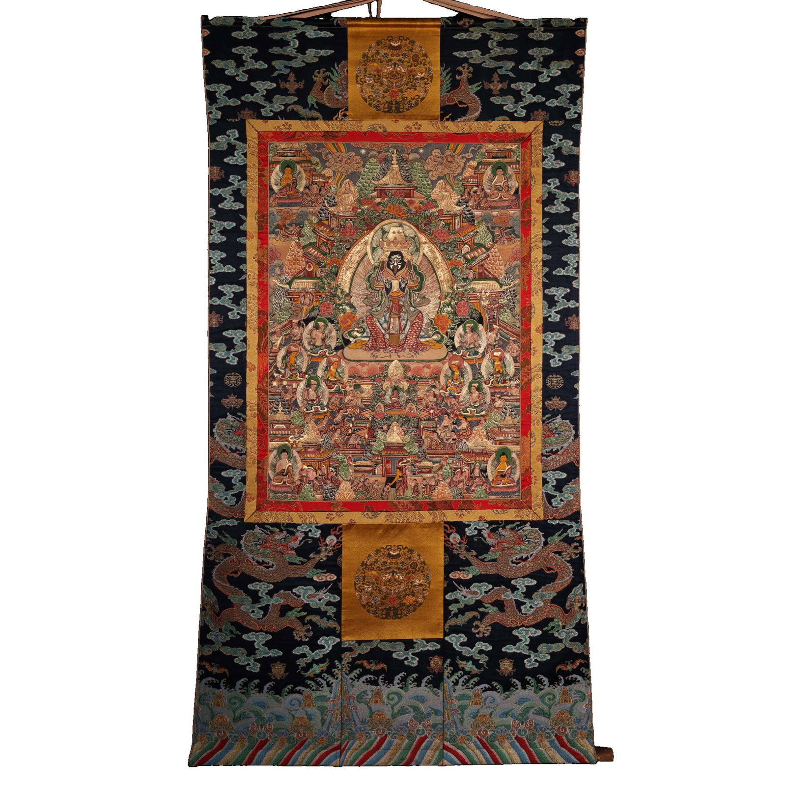 Ming Dynasty Hand-painted Tashi Lhamo Buddha Leather Thangka: This thangka is hand-painted by a top Ming Dynasty artist using pure natural mineral pigments. The painting's core is made of genuine leather, with exquisite craftsmanship and vibrant colors. The Budd