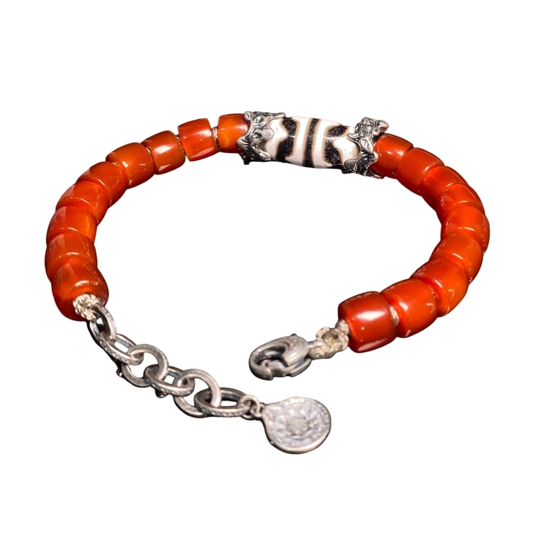 Tiger Tooth Dzi Bead with Red Agate and Old Silver Braided Prayer Bead Bracelet (1 of 9)