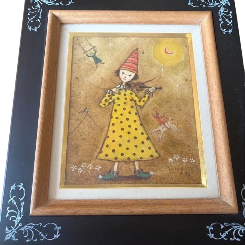 Iizuka Rokuro, Clown Playing the Violin No. 3: Artist: Iizuka Rokuro Title: Clown Playing the Violin Size: No. 3 Central Theme: A clown dressed in a yellow polka-dot costume plays the violin against a fantastical background. In the upper left, the