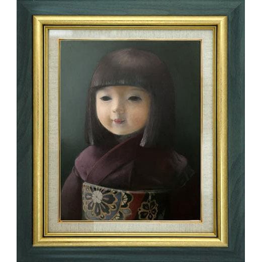 Oil Painting by Sugaya Reiko, Interior Decorative Frame, Blue-Green, Gold Frame, F6-010426,: Oil Painting by Sugaya Reiko, Interior Decorative Frame in Blue-Green and Gold, F6-010426 Ichimatsu Doll The oil painting is size F6, measuring 41cm x 32cm, signed, with a seal on the reverse, created
