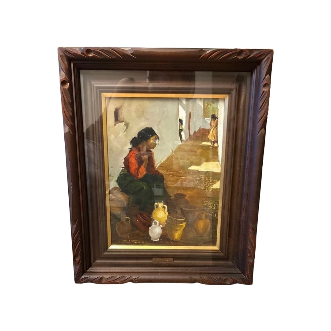 Oil painting of a woman with pottery, in a wooden frame.: Oil Painting: Woman with Pottery, Wooden Frame Anna Farre, born in 1928 in Manresa (Barcelona), was a renowned painter and a disciple of the painter Hurtado. She passed away in 2003. Her paintings pri