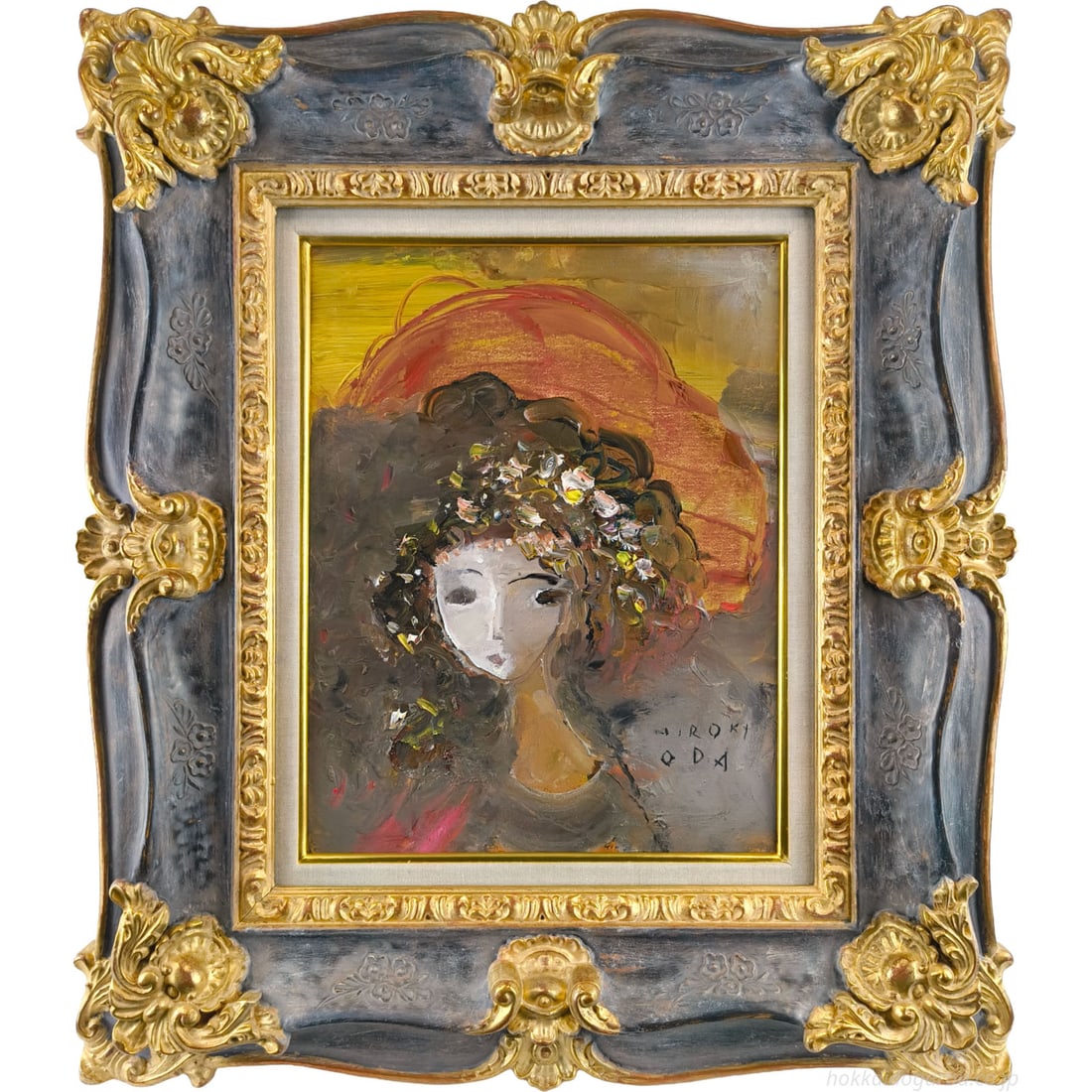 Oda Hiroki, Oil Painting: Oda Hiroki Oil Painting This is an oil painting depicting a young girl wearing a bright red hat adorned with floral decorations. The artwork is size F6, with the frame dimensions being 68 cm in height