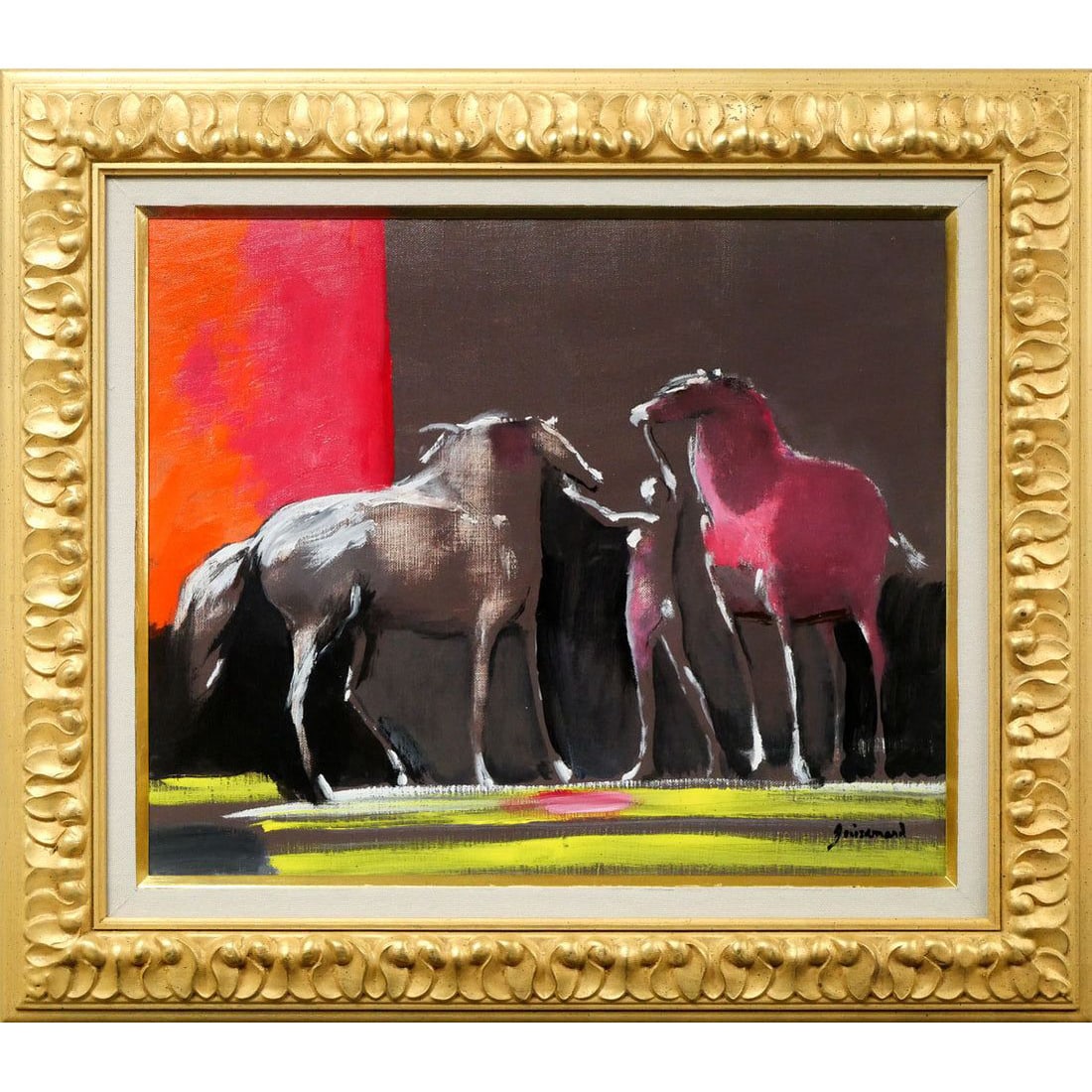 Paul Guiramand, "Two Horses," Oil on Canvas, French, Size F8.: Oil Painting "Two Horses" by Paul Gillaman, French F8 Size An oil painting titled "Two Horses" by Paul Gillaman, with dimensions of French F8 size (38.0 cm x 46.0 cm), and frame dimensions of 53.5 cm