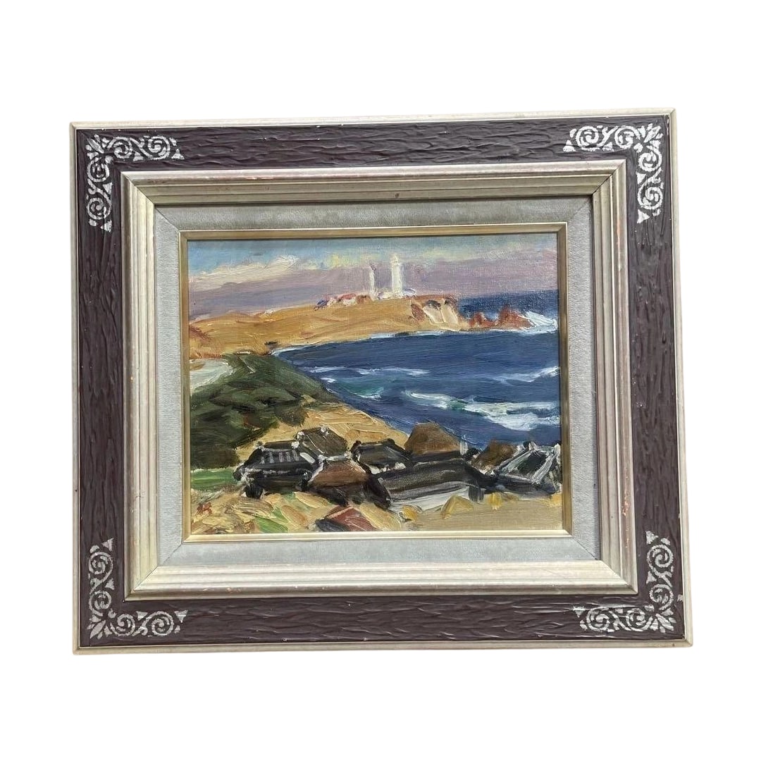 Oil painting, mounted work, artwork.: Oil Painting, Mounted Work, Artwork This landscape painting of a cape is depicted with vigorous brushstrokes. The theme is a cape, and the technique is oil painting. The frame color is dark brown and 