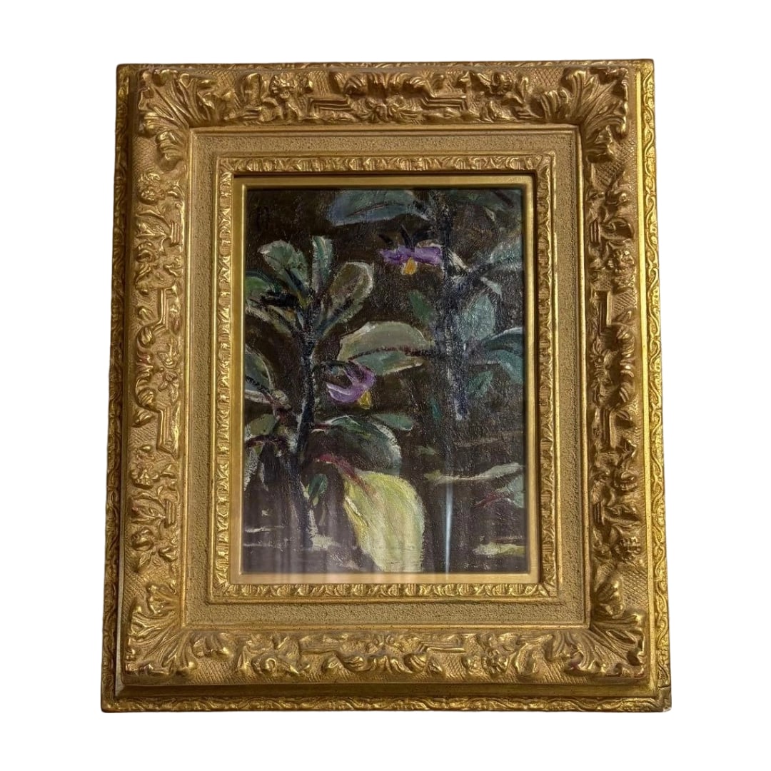 Koito Gentaro, Oil Painting, Eggplant: Koito Gentaro, Oil Painting, Eggplant An oil painting depicting plants and flowers, set within a gilded decorative frame. The frame is crafted from a gilded decorative material. The theme of the paint
