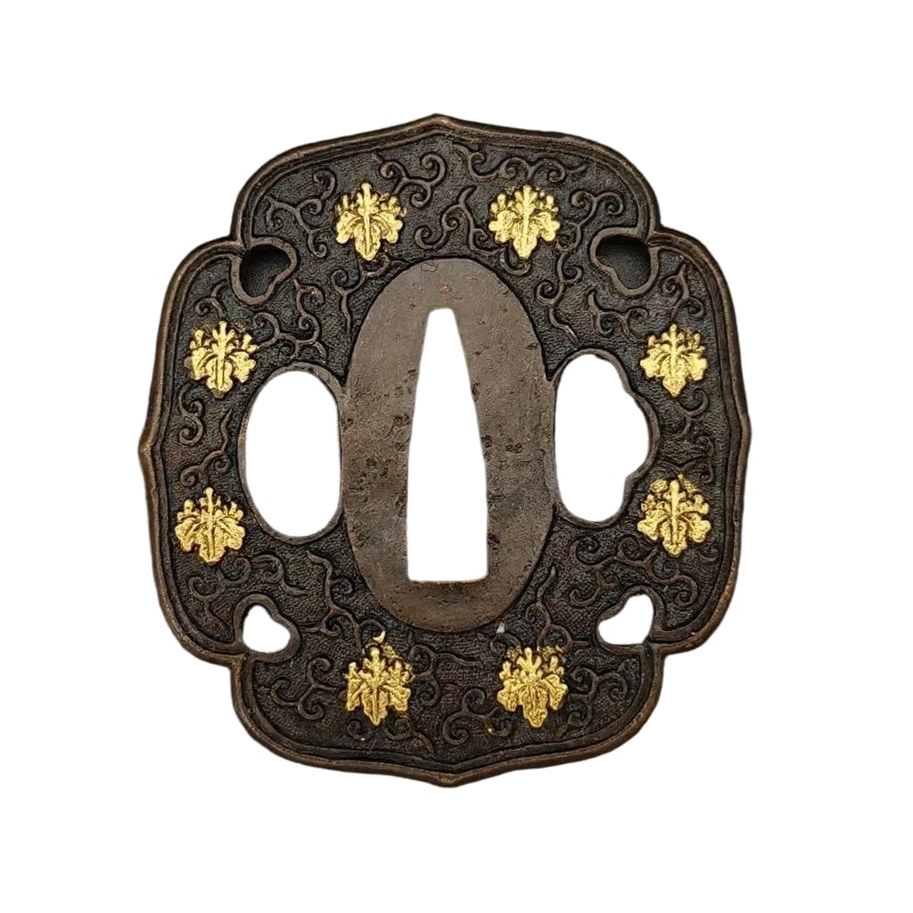 Tsuba with Karakusa and Family Crest Design, Gosan no Kiri, Tsuba Tachitsuke, Copper Base, Fine (1 of 6)