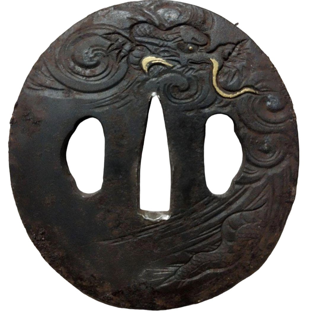 Tsuba, Sword Fittings, Iron Ground, Cloud and Dragon Design, Gold Inlay (1 of 6)