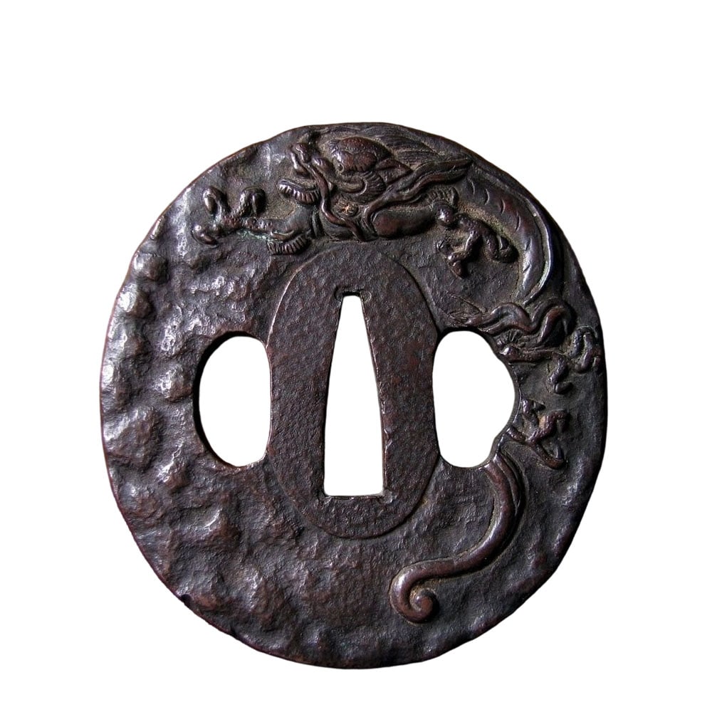 Period Armor: Bronze Tsuba with Dragon Motif, Accompanied by a Paulownia Wood Box: Period Armor: Bronze Tsuba with Dragon Motif, Accompanied by Paulownia Wood Box, Late Edo to Meiji Period Period: Late Edo to Meiji Period. Dimensions: Approximately 7.02 cm in width x approximately 6