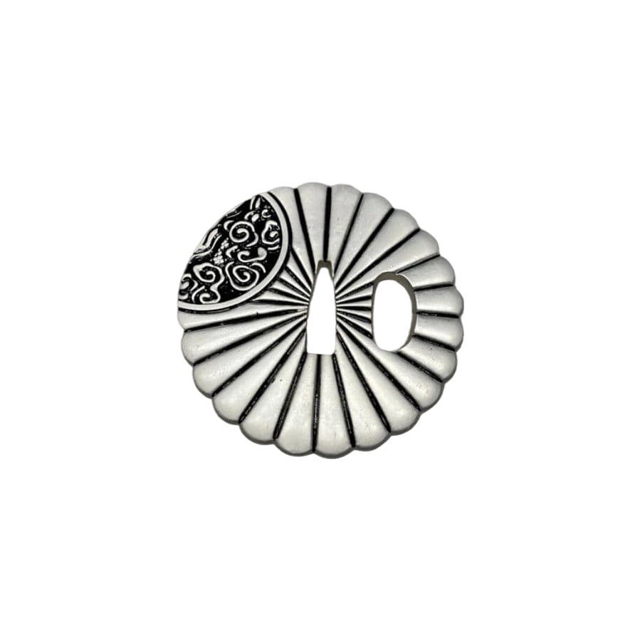 Japanese Sword, Kashira, Chrysanthemum Pattern, Sword Fittings: This is a tsuba of a Japanese sword, featuring a radiating design inspired by chrysanthemum petals, with delicate karakusa patterns applied in certain areas. - Shape: Chrysanthemum form - Design: Chry