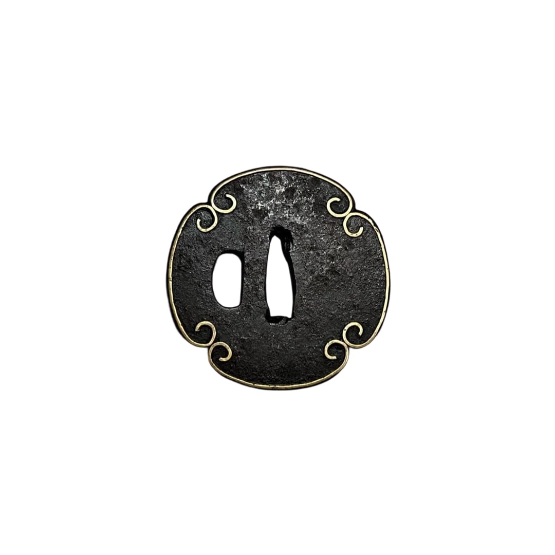 Sword Fittings, Iron Tsuba, Armor, Sword: Sword Fittings: Iron Tsuba, Arms and Armor, Sword This is a very ancient iron tsuba. The rim is inlaid with brass. The inlay is preserved quite well. Dimensions are 7.0 cm x 7.0 cm x 3.2 mm. Freight: 