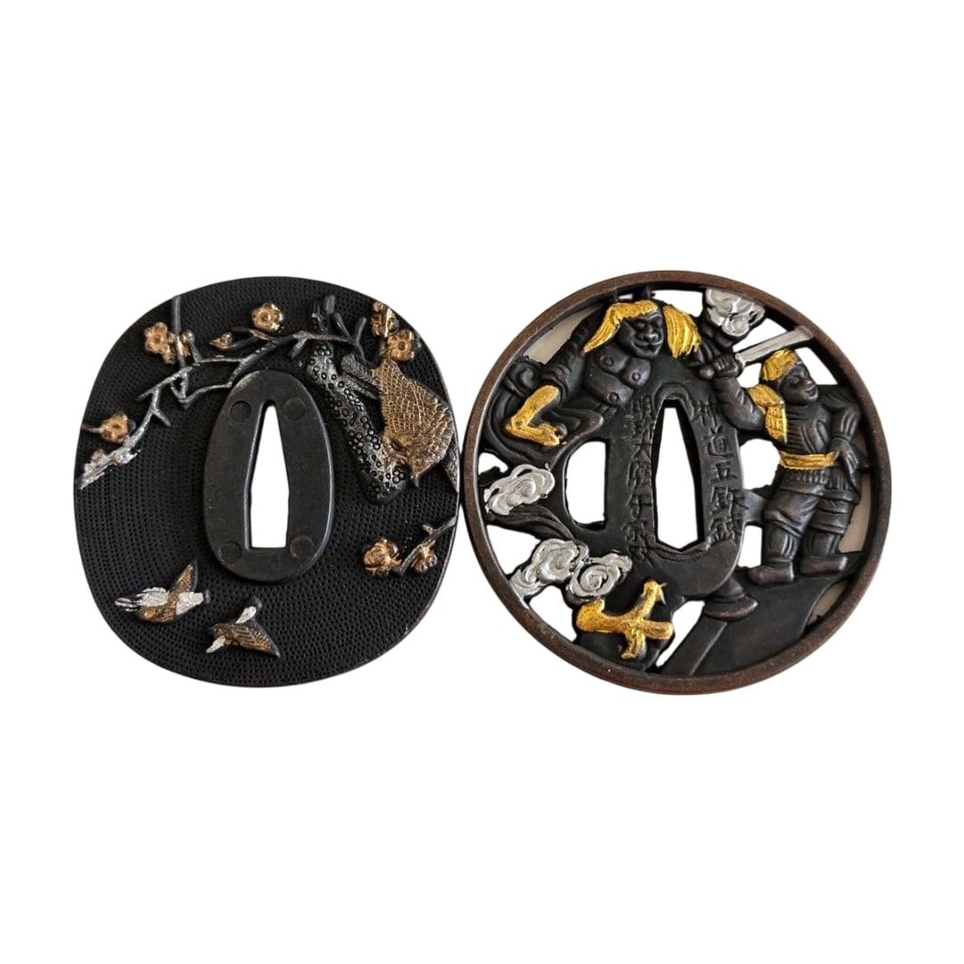 Two finely crafted alloy metal inlays with gold and silver decoration, featuring metalwork: Fine alloy base with gold and silver painting, two metal craft "kintsugi" (metal joinery), signed. Sword fittings, arms. 268F Freight: 1.International Freight: Foreign shipping charges are determined 