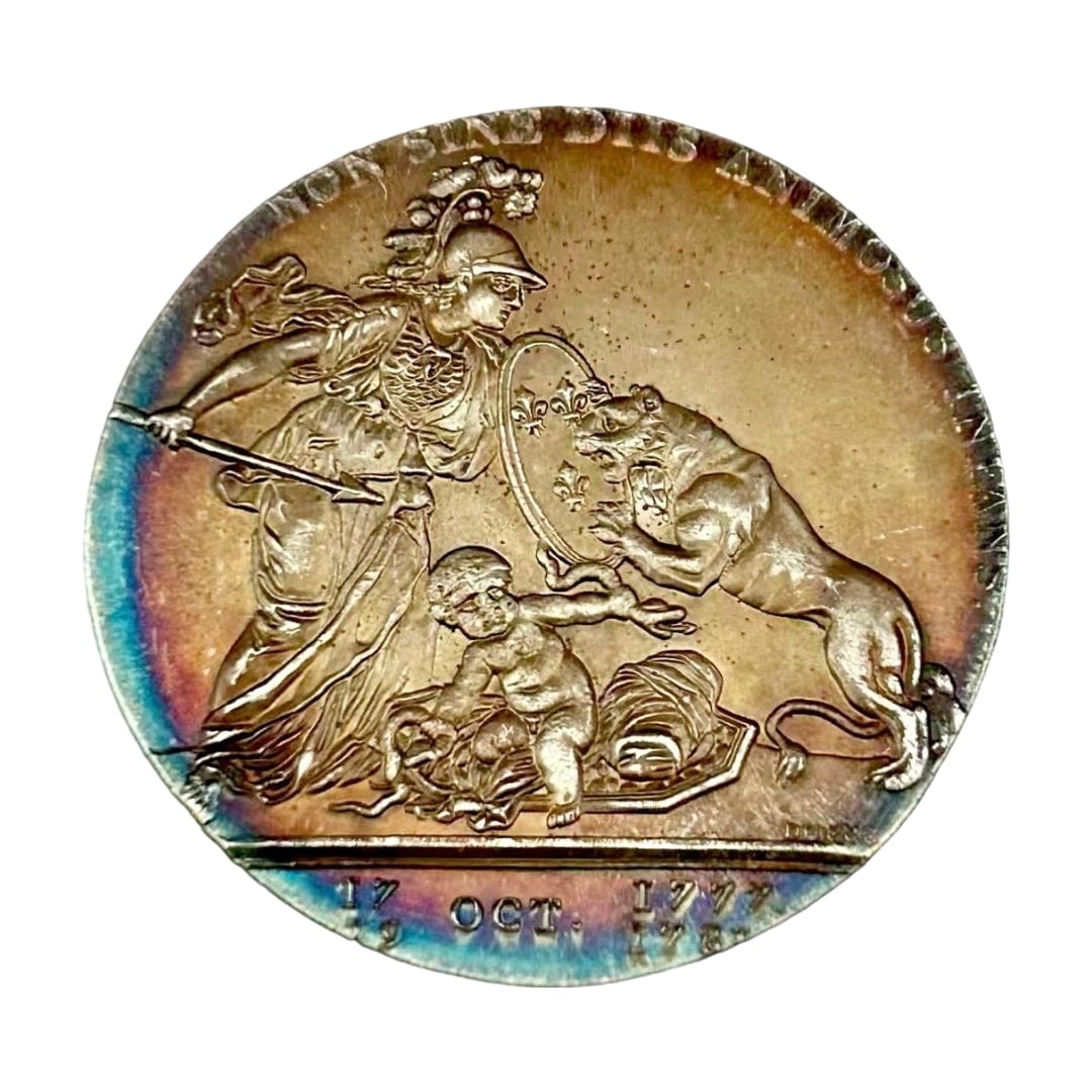 Silver Coin, 1781, Liberty Figure, Kingdom of France, Commemorating American Independence: Silver Coin 1781 Liberty Statue Kingdom of France American Independence Commemoration The French symbol Athena is depicted wearing a helmet and holding a shield adorned with a spear and three lilies, 