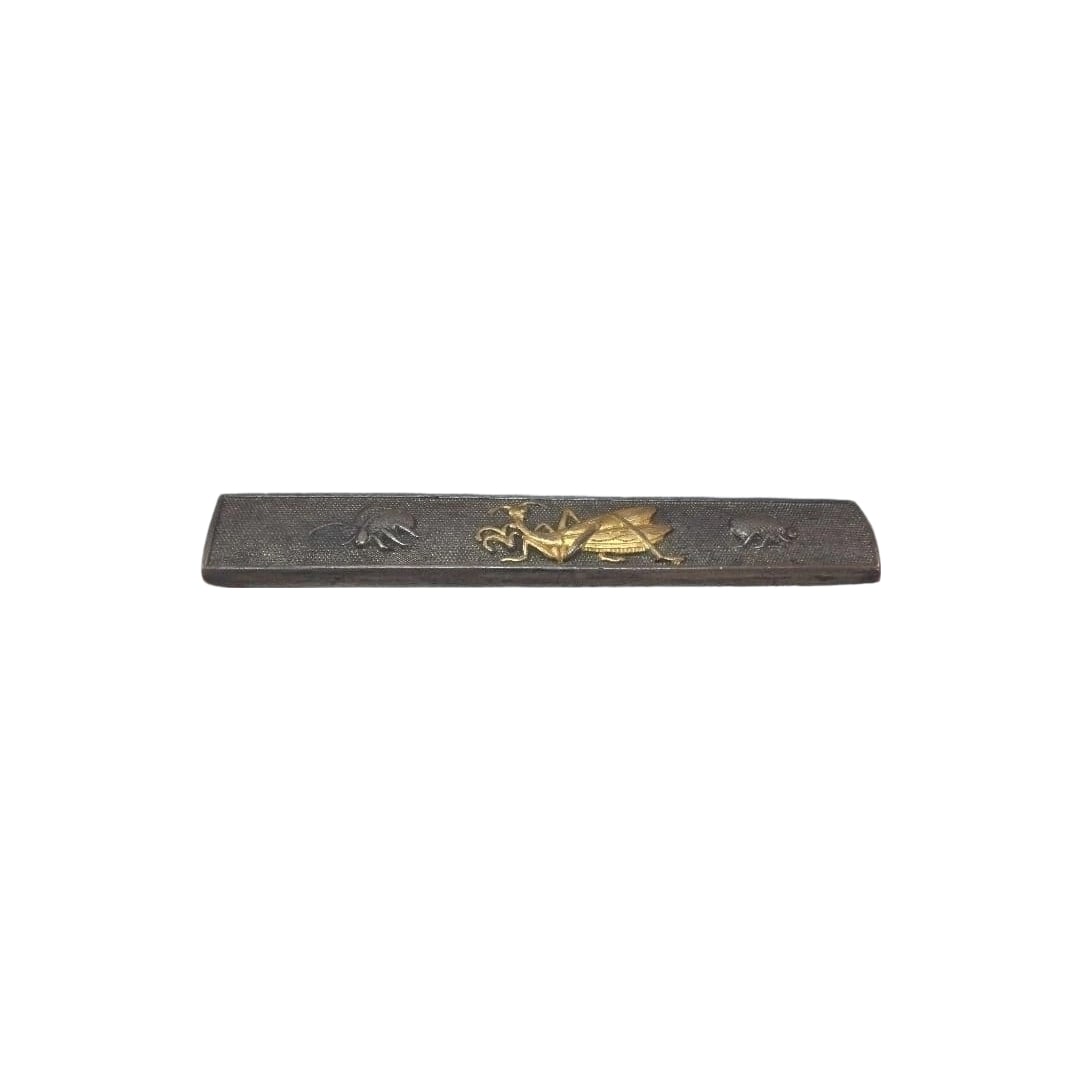 Sword Fittings: Kozuka with Praying Mantis and Bell Cricket, Mino, Late Edo Period, Sword,: Sword Fittings: Kozuka with Praying Mantis and Bell Cricket, Mino, Late Edo Period, Sword, With Box This is a kozuka with a design featuring a praying mantis and bell cricket, utilizing gold inlay tec