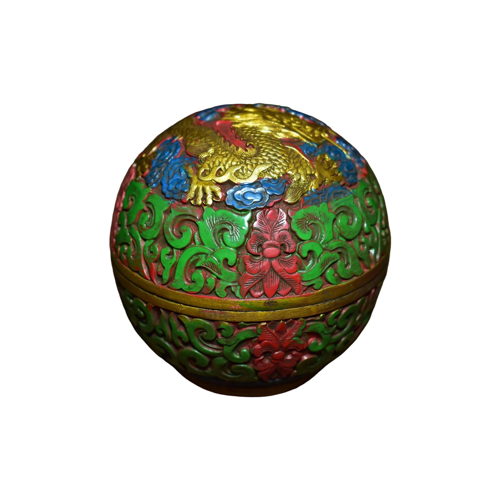 Carved Red Lacquer Painted Round Dragon Box: This carved red lacquer painted round dragon box showcases exquisite craftsmanship with vivid dragon motifs, reflecting the unique charm of traditional artistry. Its bright colors and natural patina e