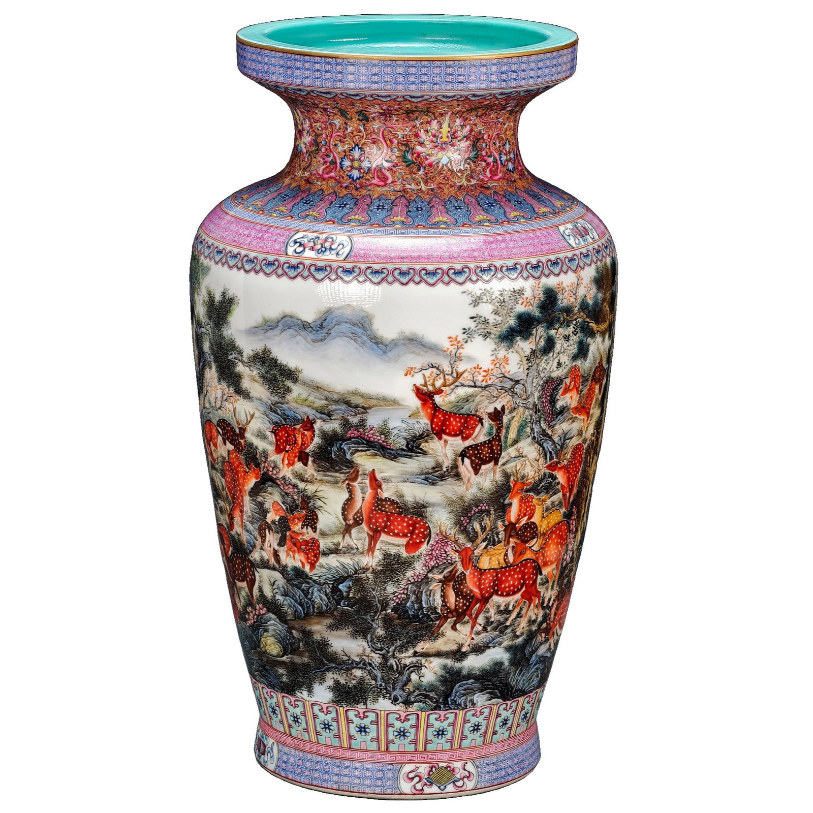 Qing Dynasty Official Kiln Famille Rose Large Vase with Full Decoration of 'Hundred Deer': This large vase showcases exquisite craftsmanship with a full decoration of 'Hundred Deer' in famille rose. The clusters of sika deer are vividly portrayed in various postures, complemented by the ren