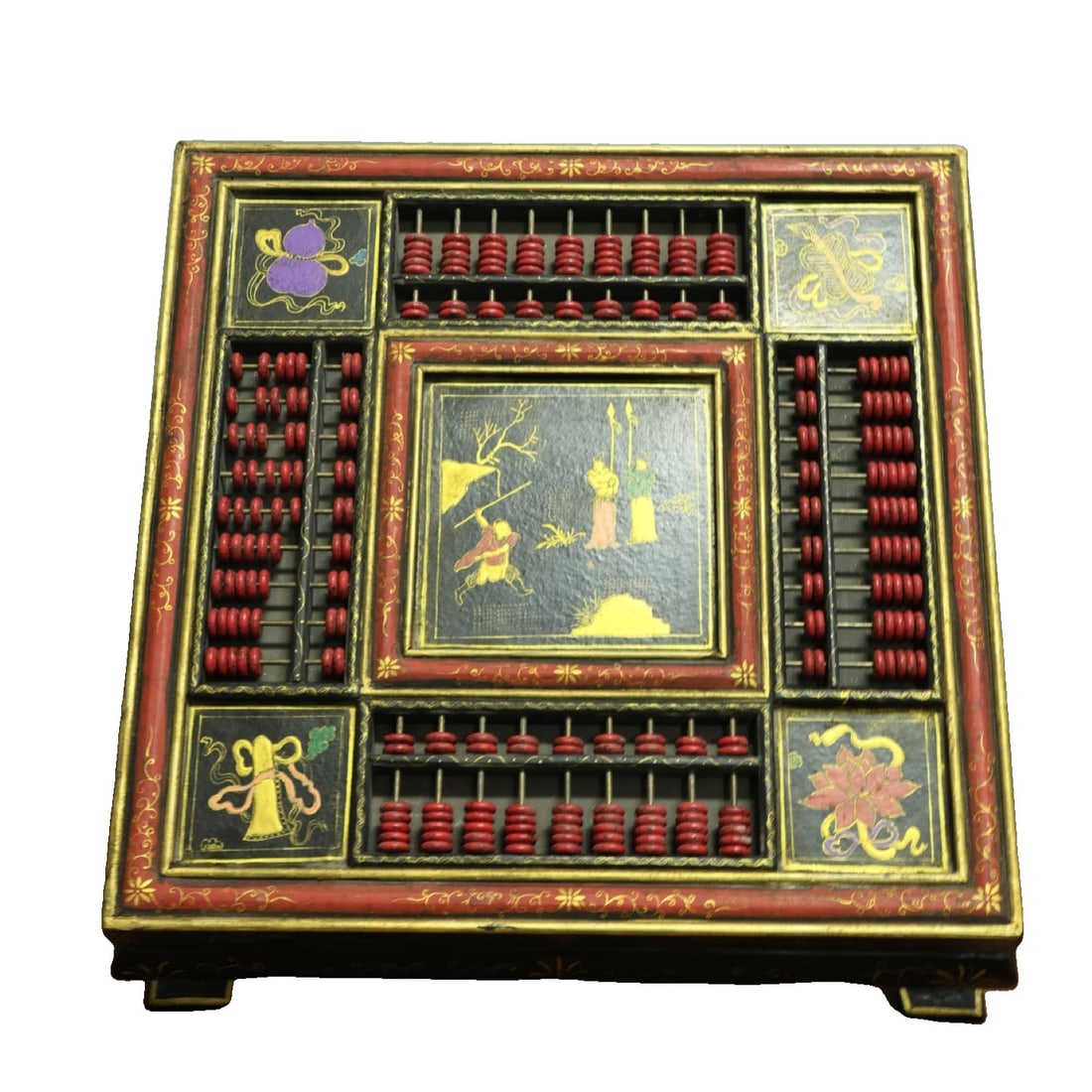 Wooden Lacquered Gold Painted Child Practicing Martial Arts Square Abacus Table: This square abacus table is made of red pine stone, featuring exquisite craftsmanship. The lacquered gold painted child practicing martial arts design is vivid and lifelike, showcasing the charm of tr