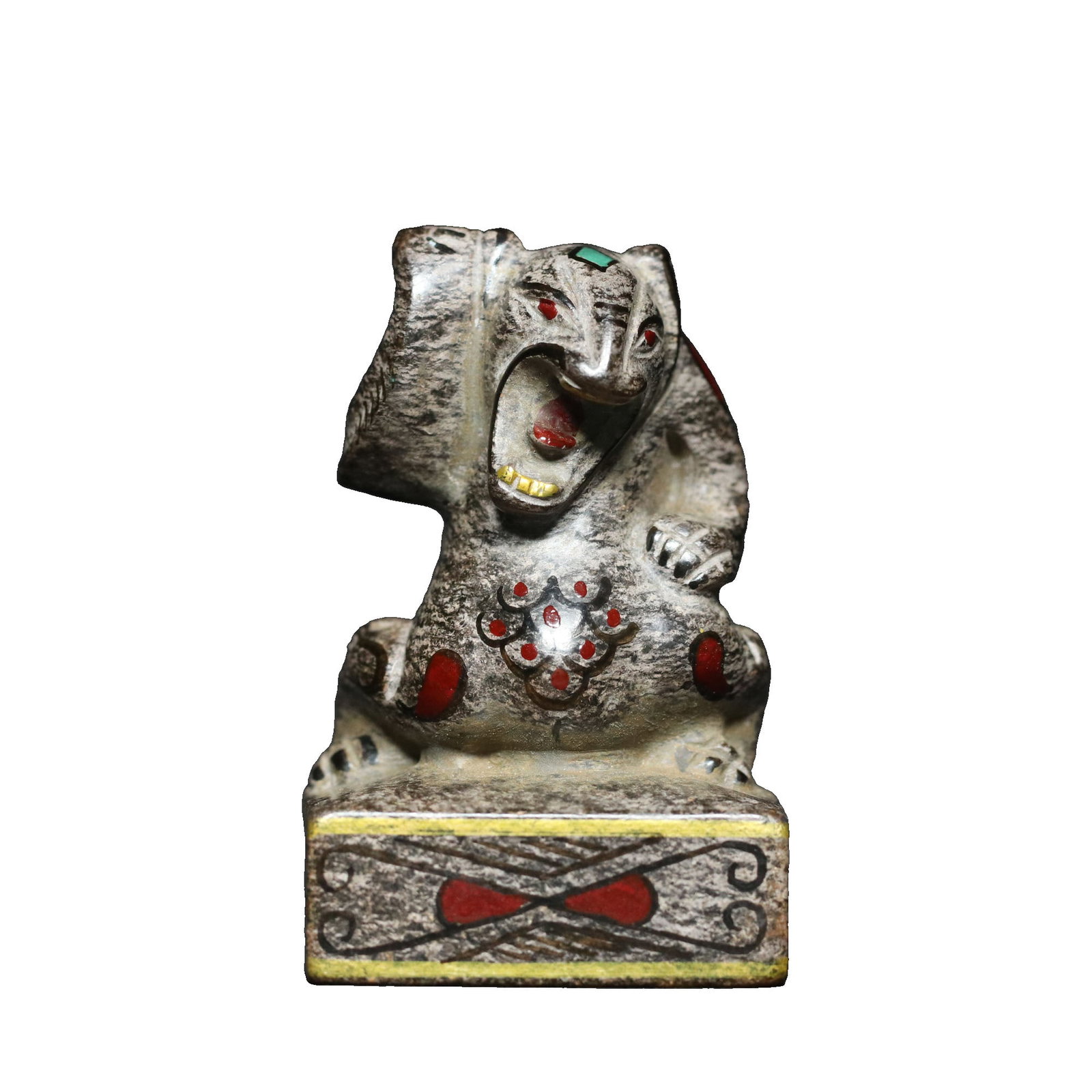 Han Dynasty Hetian Jade Painted and Gilded Bear Seal: This Han Dynasty Hetian jade seal features exquisite carving, delicate jade quality, and a well-aged patina, with meticulous detail that showcases the superb craftsmanship of ancient artisans. (Height