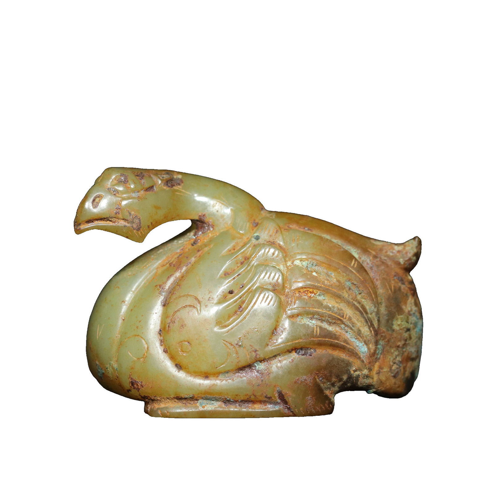 Han Dynasty Hetian Jade Goose Ornament: This Han Dynasty Hetian jade goose ornament features exquisite carving, delicate jade quality, and an aged patina, with vivid details. Its elegant form showcases the superb craftsmanship of ancient ar