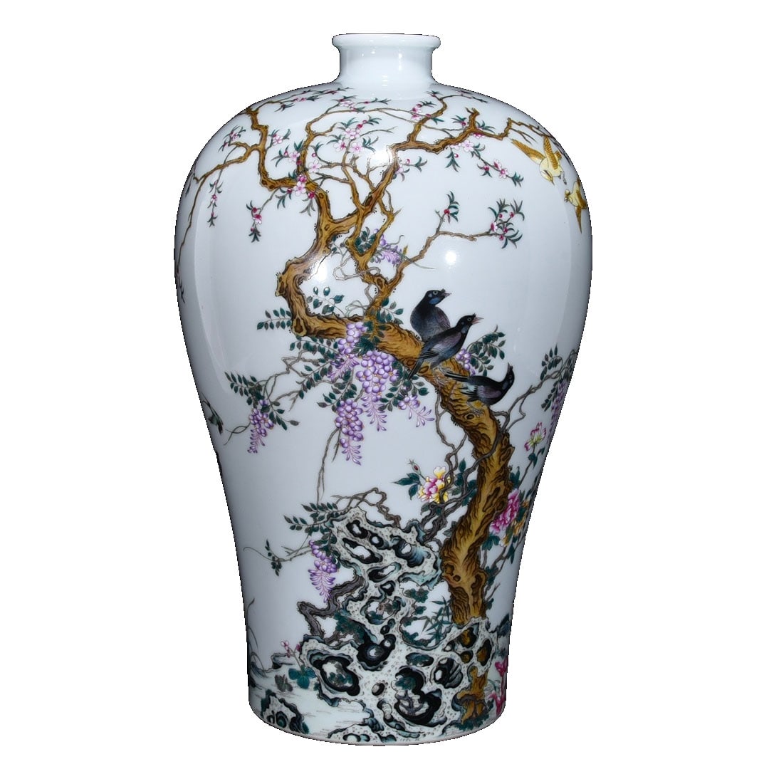 Qing Yongzheng Famille Rose Flower and Bird Pattern Mei Vase: This mei vase was made during the Qing Yongzheng period, featuring exquisite famille rose flower and bird patterns that showcase the superb craftsmanship and delicacy of the time. The poetic